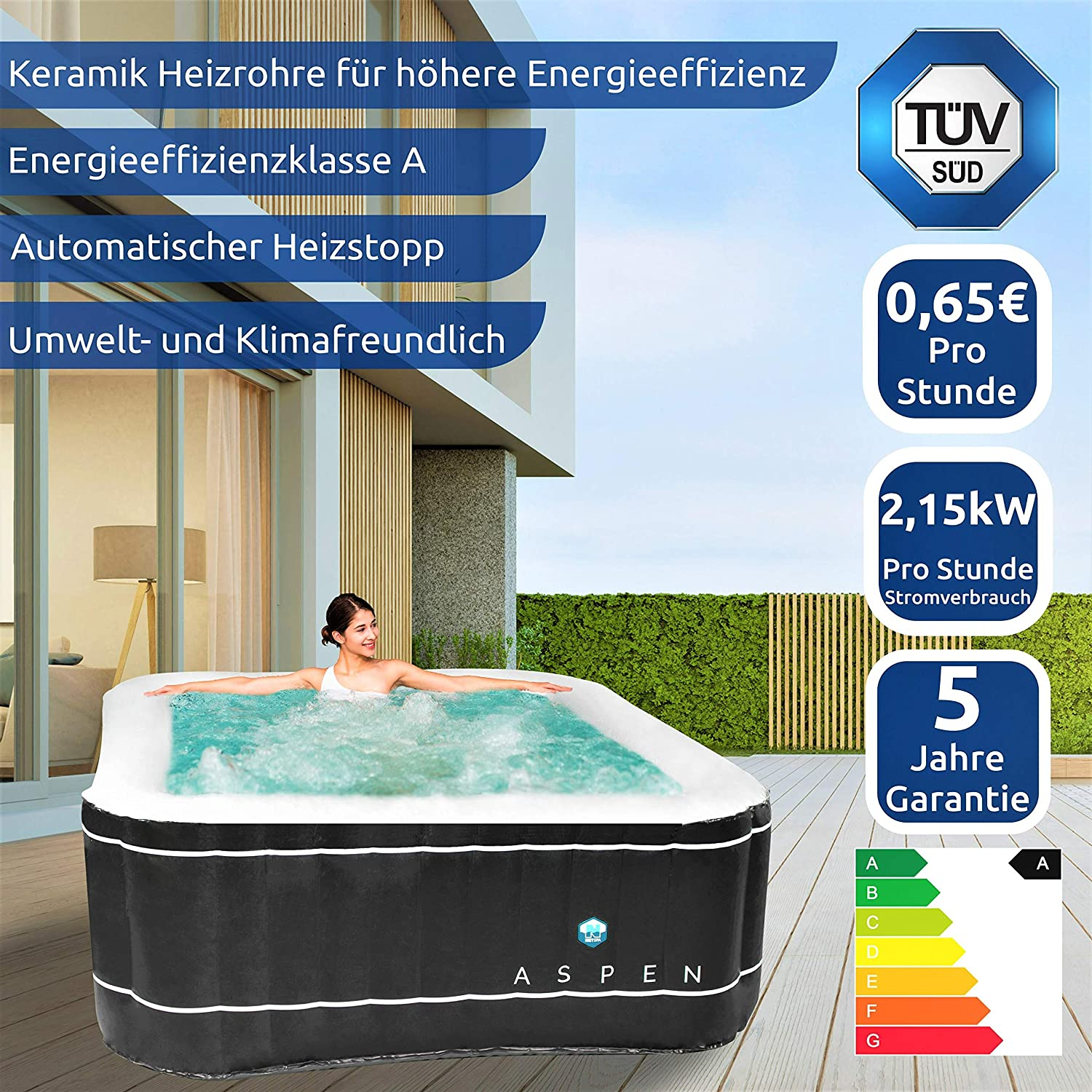 Frau im Whirlpool. Bild zeigt Keramikheizung, Energieeffizienz und weitere Funktionen. Aspen Logo sichtbar.