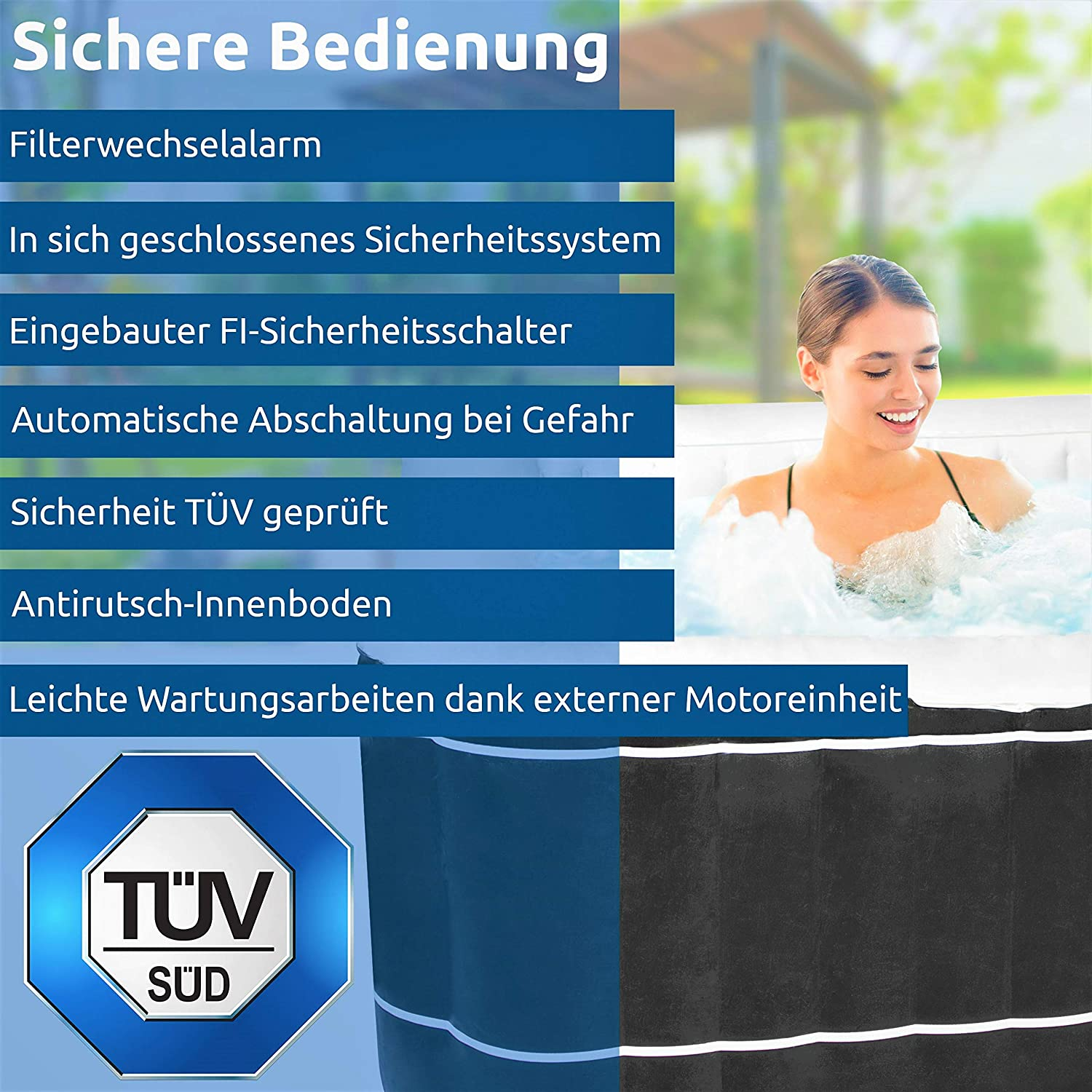 Frau im Whirlpool. Bild zeigt Sicherheitsmerkmale: Filteralarm, Sicherheitssystem, FI-Schalter, rutschfester Boden.