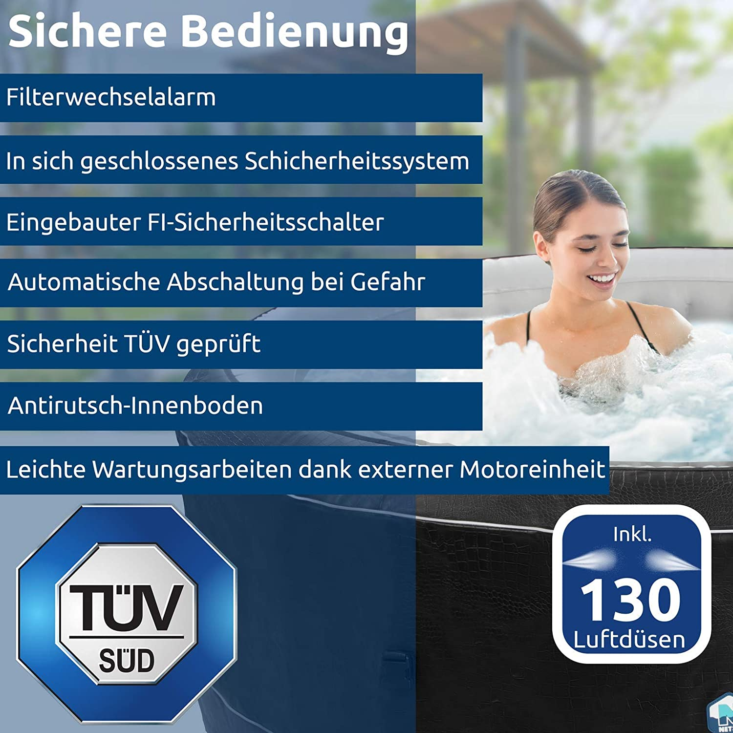 Frau im Whirlpool, Text: Sicherer Betrieb und 130 Luftdüsen. Weißer Hintergrund.