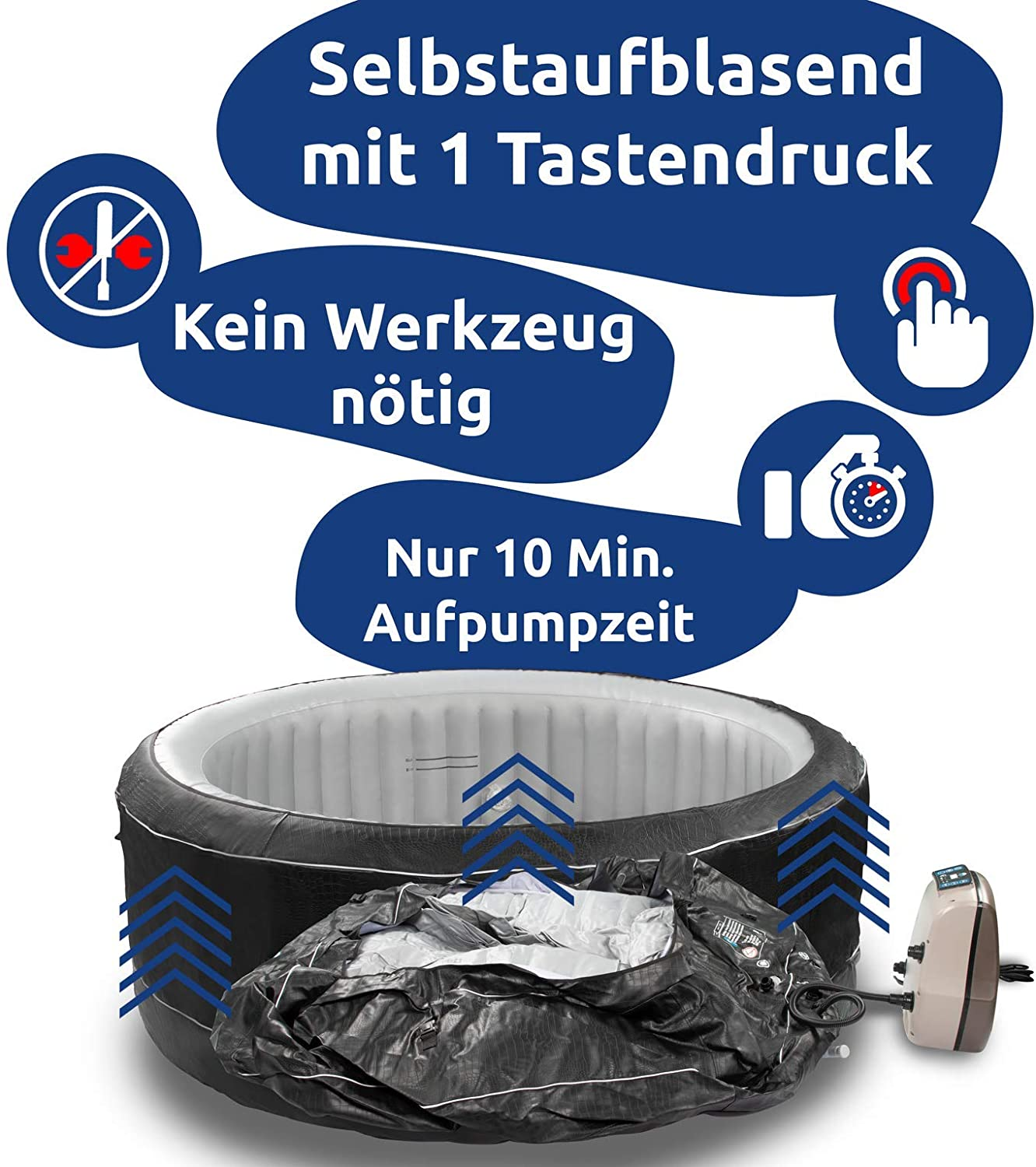 Aufblasbarer Whirlpool mit Text. Der Text lautet: Selbstaufblasend mit 1 Taste. Keine Werkzeuge erforderlich. Aufblasen in 10 Min.