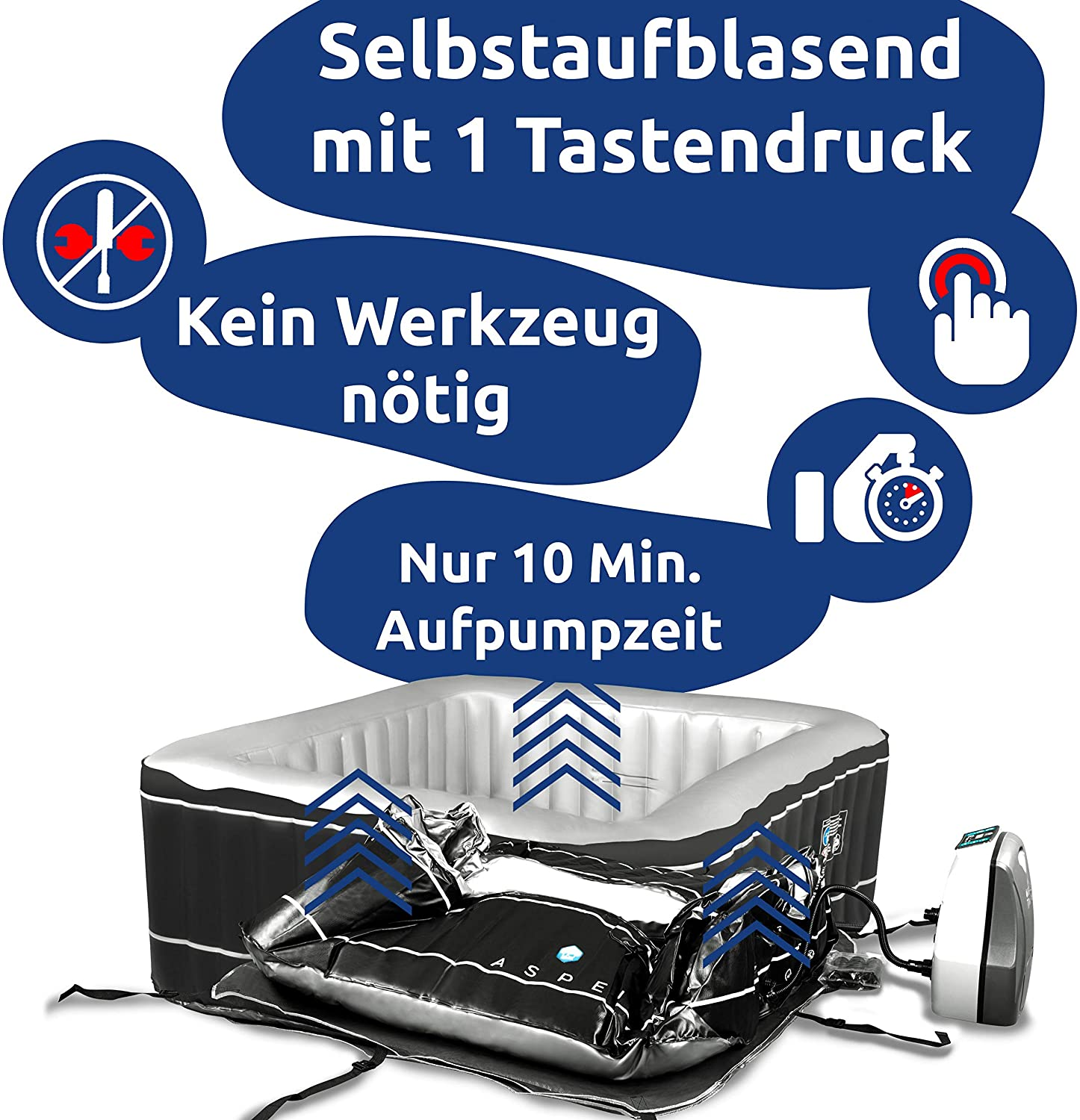 Whirlpool selbstaufblasend mit einem Knopfdruck. Kein Werkzeug nötig, Aufblasen in 10 Minuten. Aspen-Logo sichtbar.