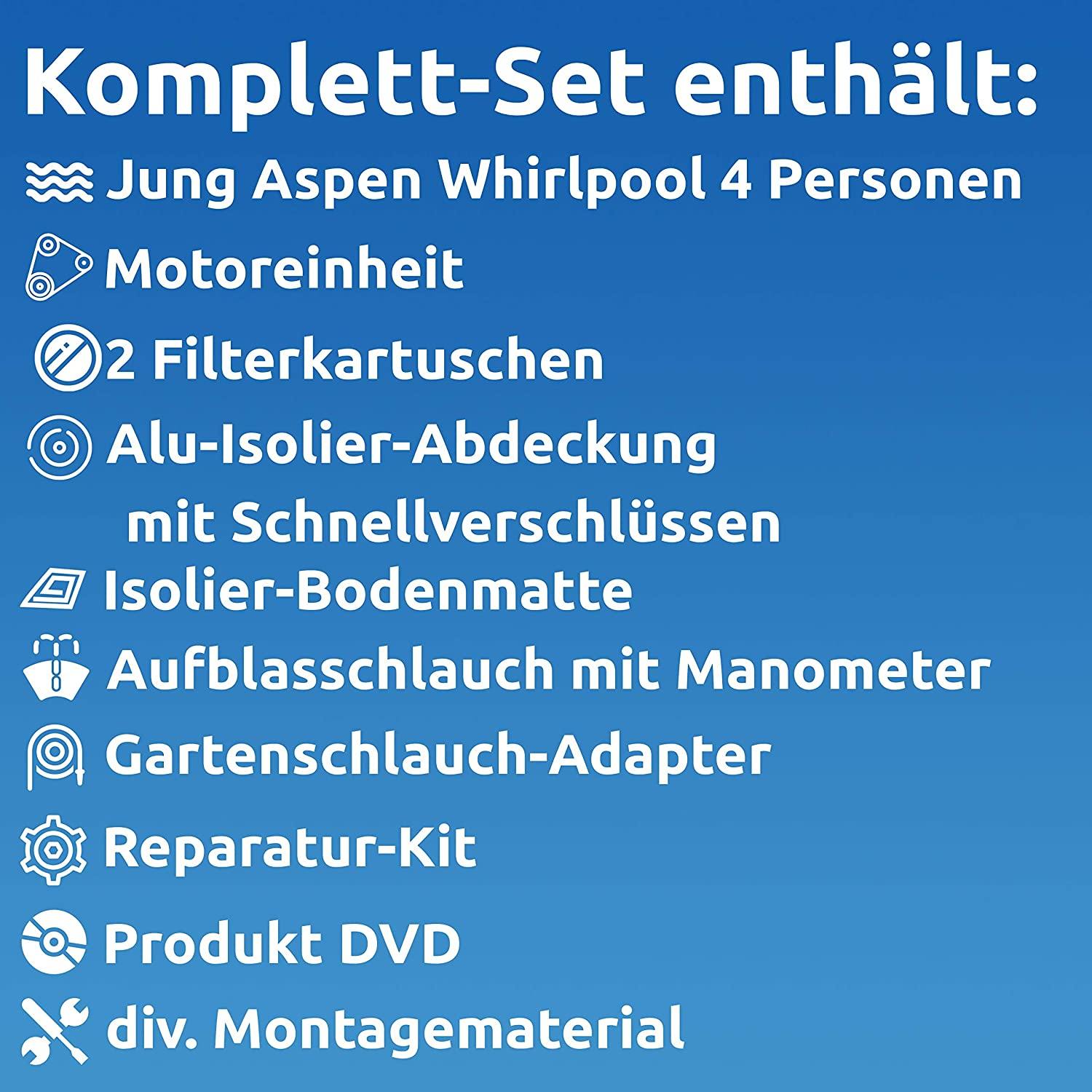Das Bild listet enthaltene Artikel für ein Whirlpool-Set auf: Motoreinheit, Filterkartuschen, Abdeckung, Bodenmatte und Zubehör.