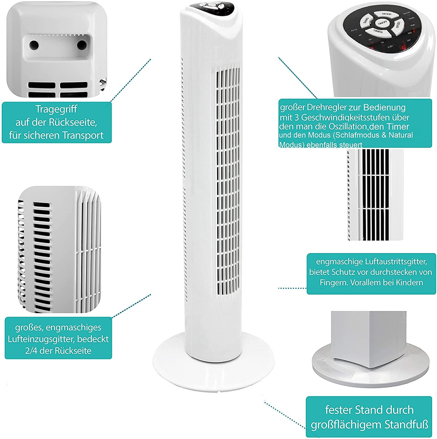 Weißer Turmventilator mit verschiedenen Ansichten, einschließlich Bedienfeld, Gitter und Basis, auf Weiß.
