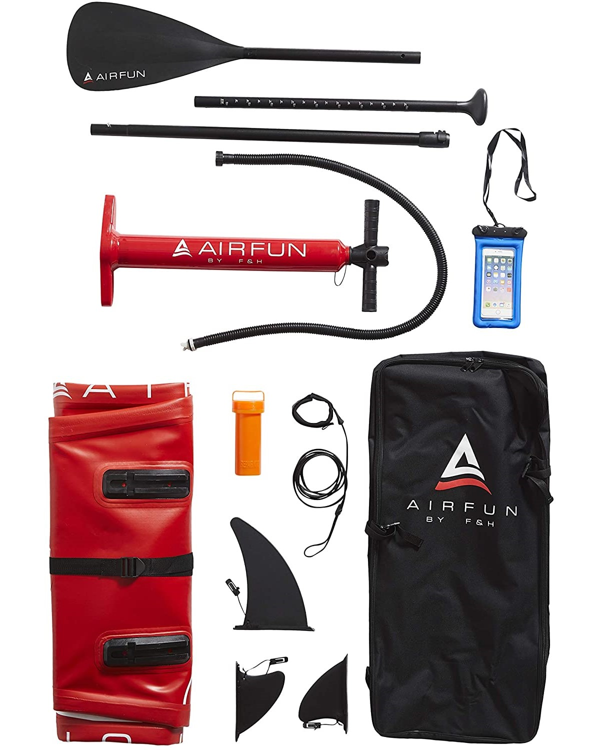 Stand-Up-Paddleboard-Kit mit Paddel, Pumpe, Tasche, Handyhülle, Finnen und Zubehör.