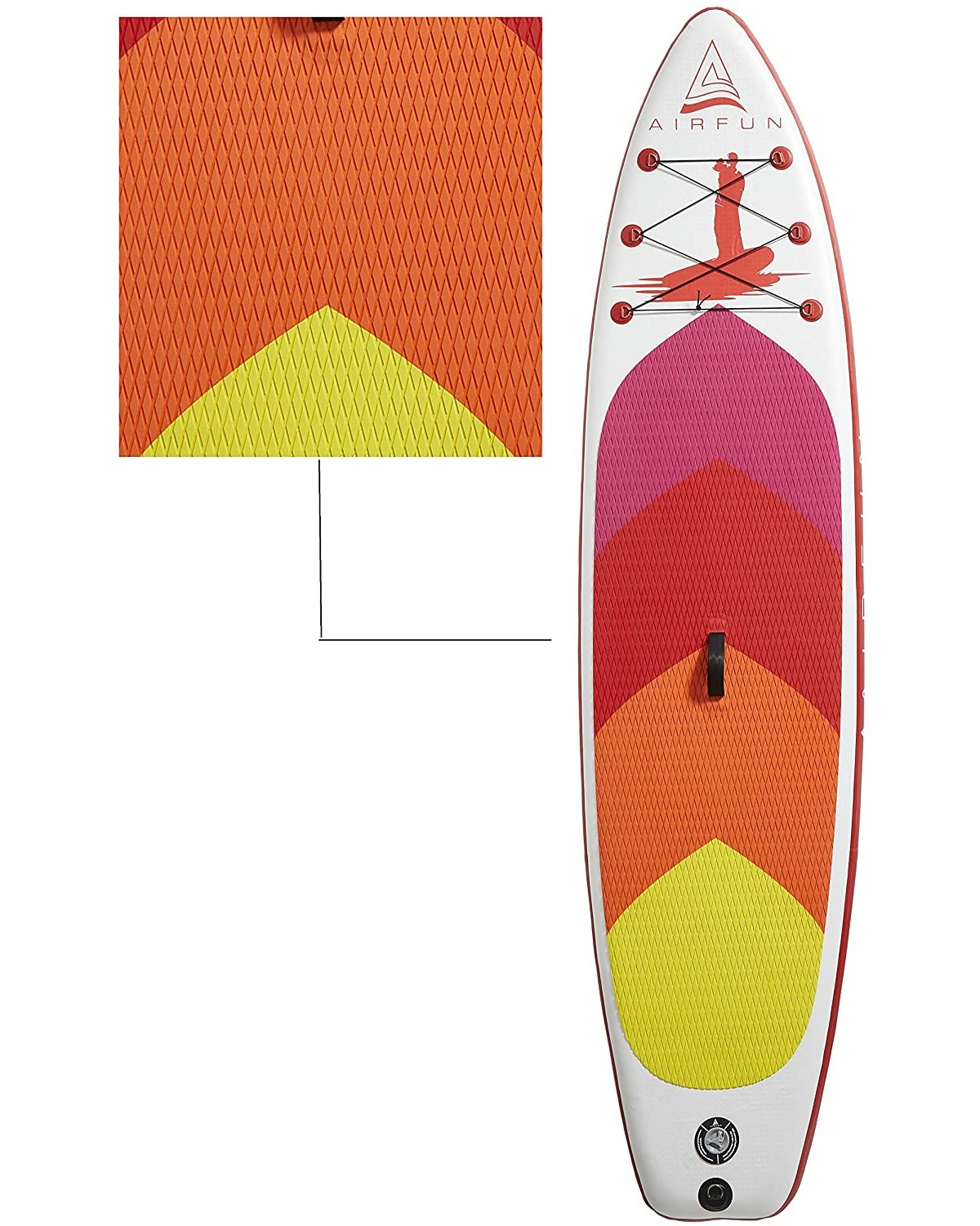 Ein Paddleboard mit orangefarbenen, gelben und roten Abschnitten, mit dem Wort AIRFUN. Das Board ist unten weiß.