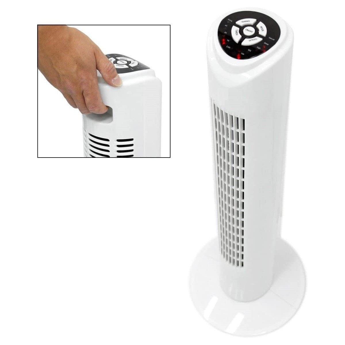 Weißer Turmventilator mit Bedienfeld und Hand, die darauf zeigt.