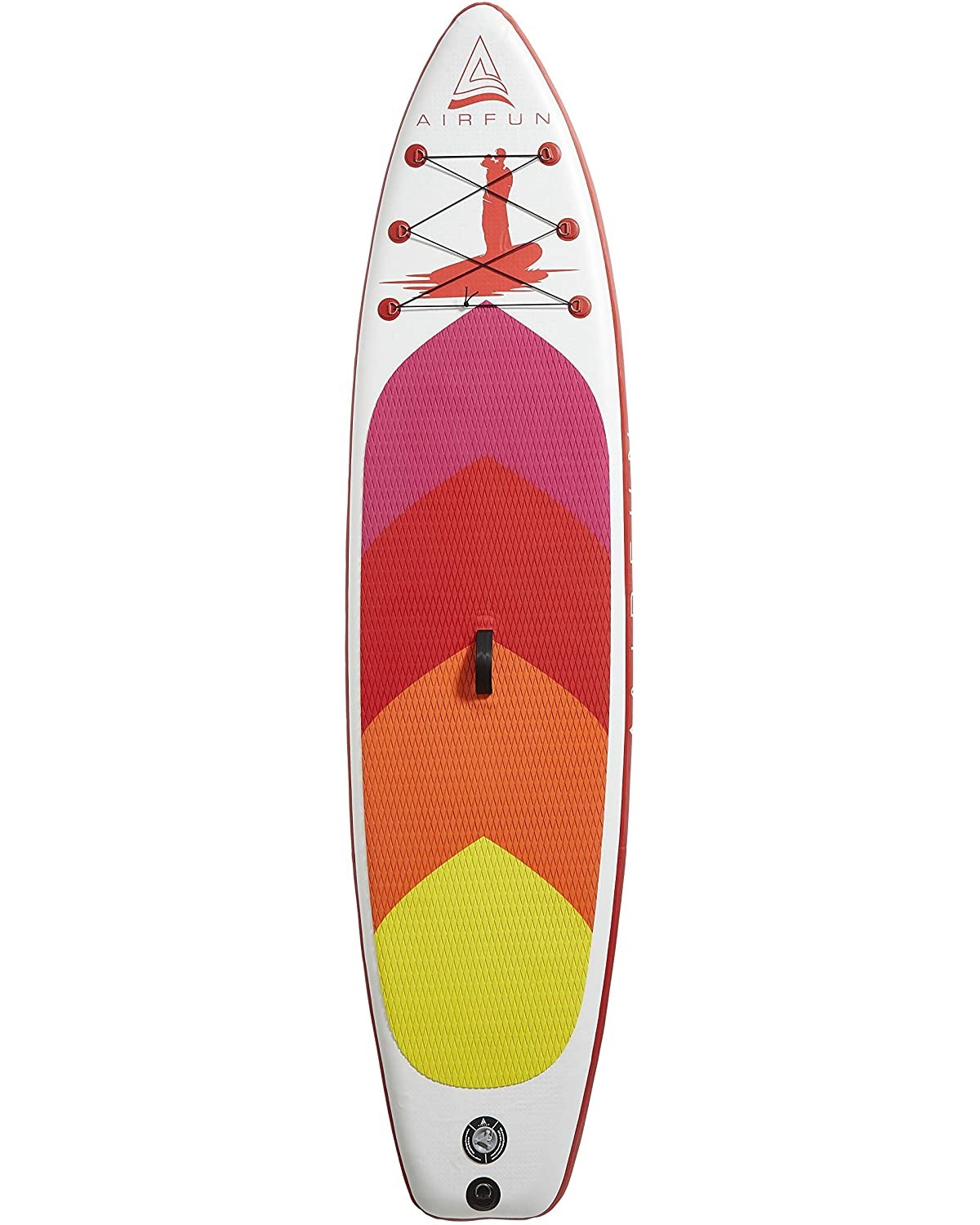 Weißes und farbiges Stand-Up-Paddleboard mit 'AIRFUN' und rotem Logo, auf weißem Hintergrund.