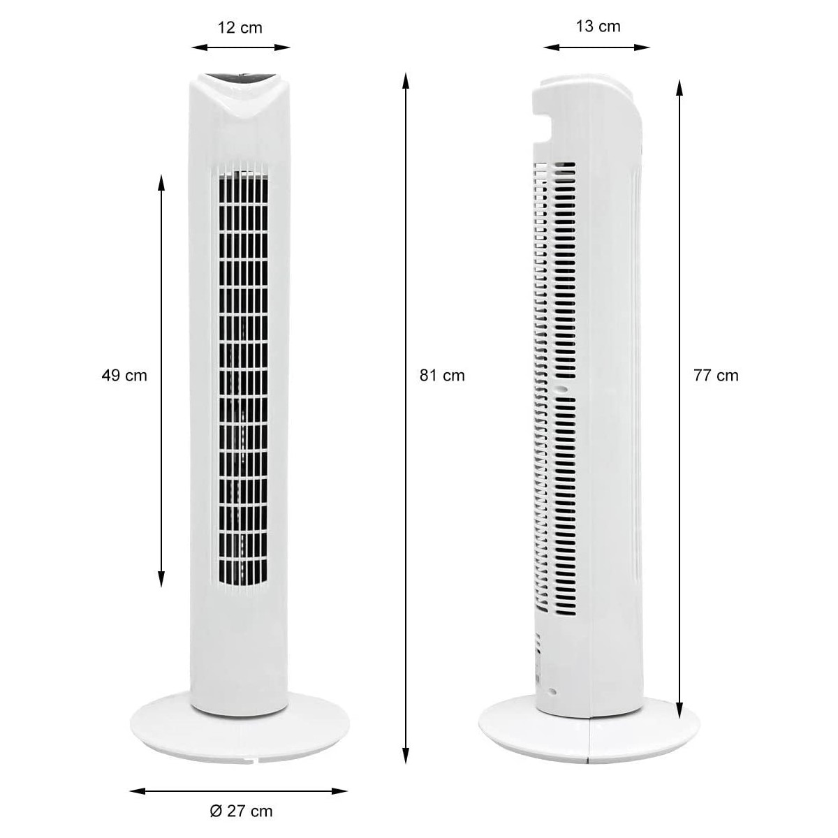 Ein weißer Turmventilator mit beschrifteten Abmessungen, der Vorder- und Seitenansichten zeigt. Er steht auf einem runden Sockel.