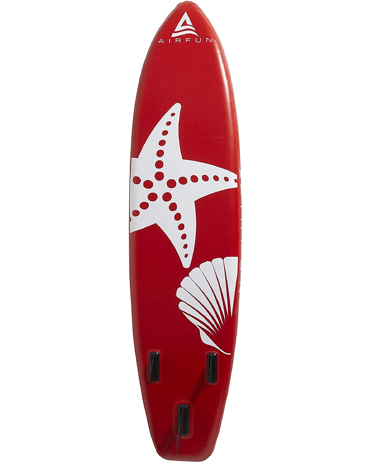 Rotes Paddleboard mit weißen Seestern- und Muscheldesign. Das Board ist auf weißem Hintergrund.