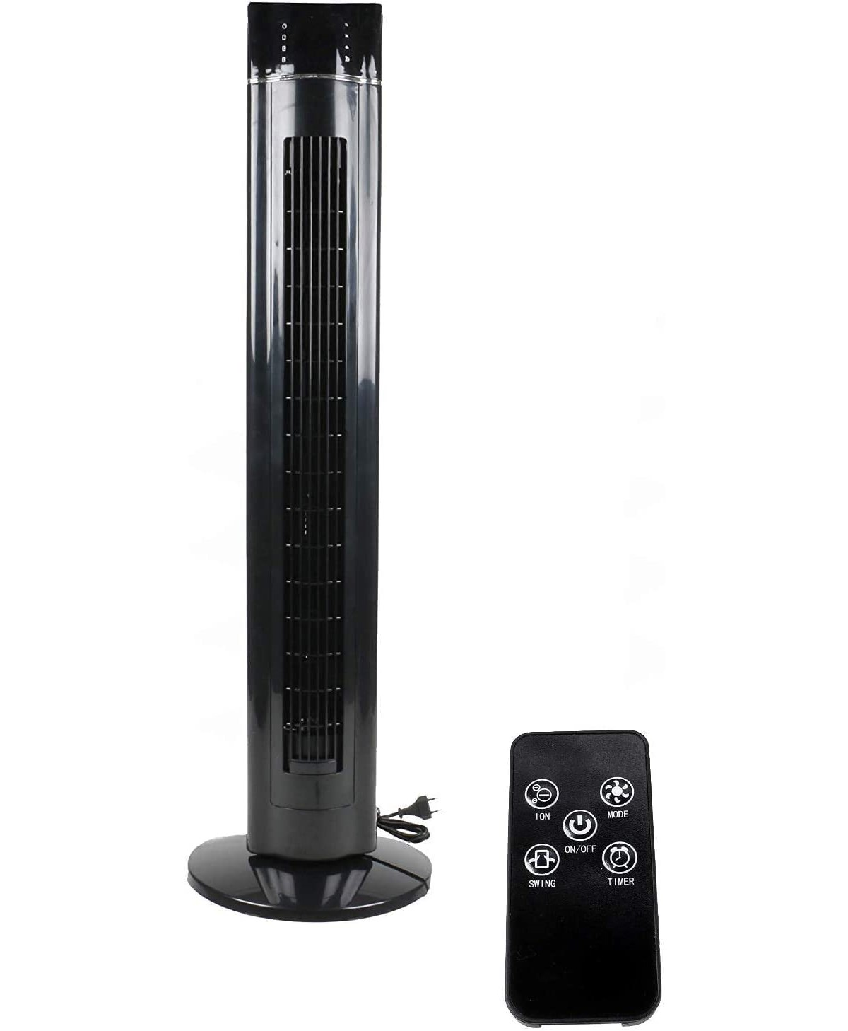 Schwarzer Turmventilator mit Fernbedienung. Ein/Aus, Modus, Schwenken, Timer.