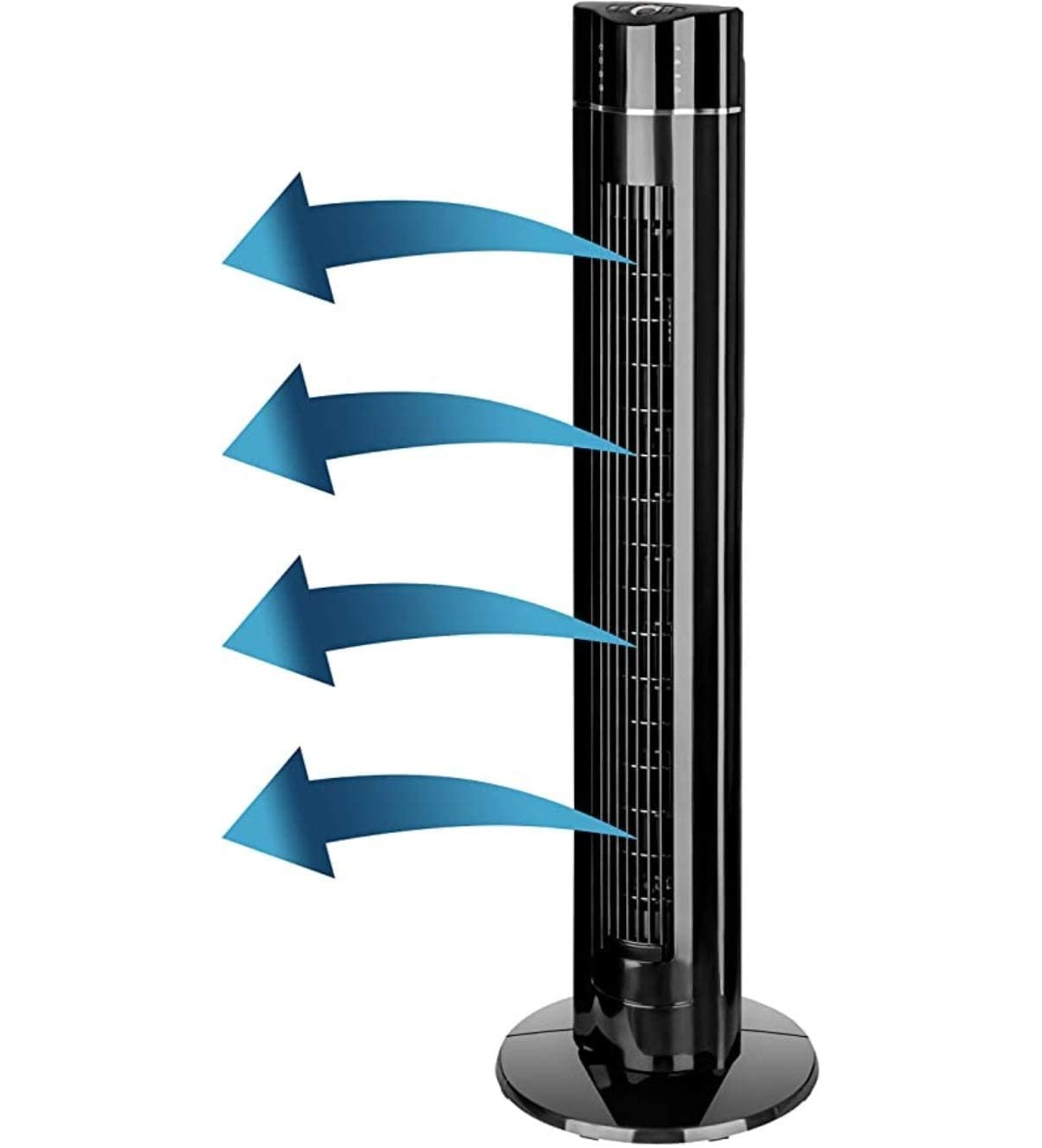 Ein schwarzer Turmventilator mit blauen Pfeilgrafiken, die die Richtung des Luftstroms anzeigen.