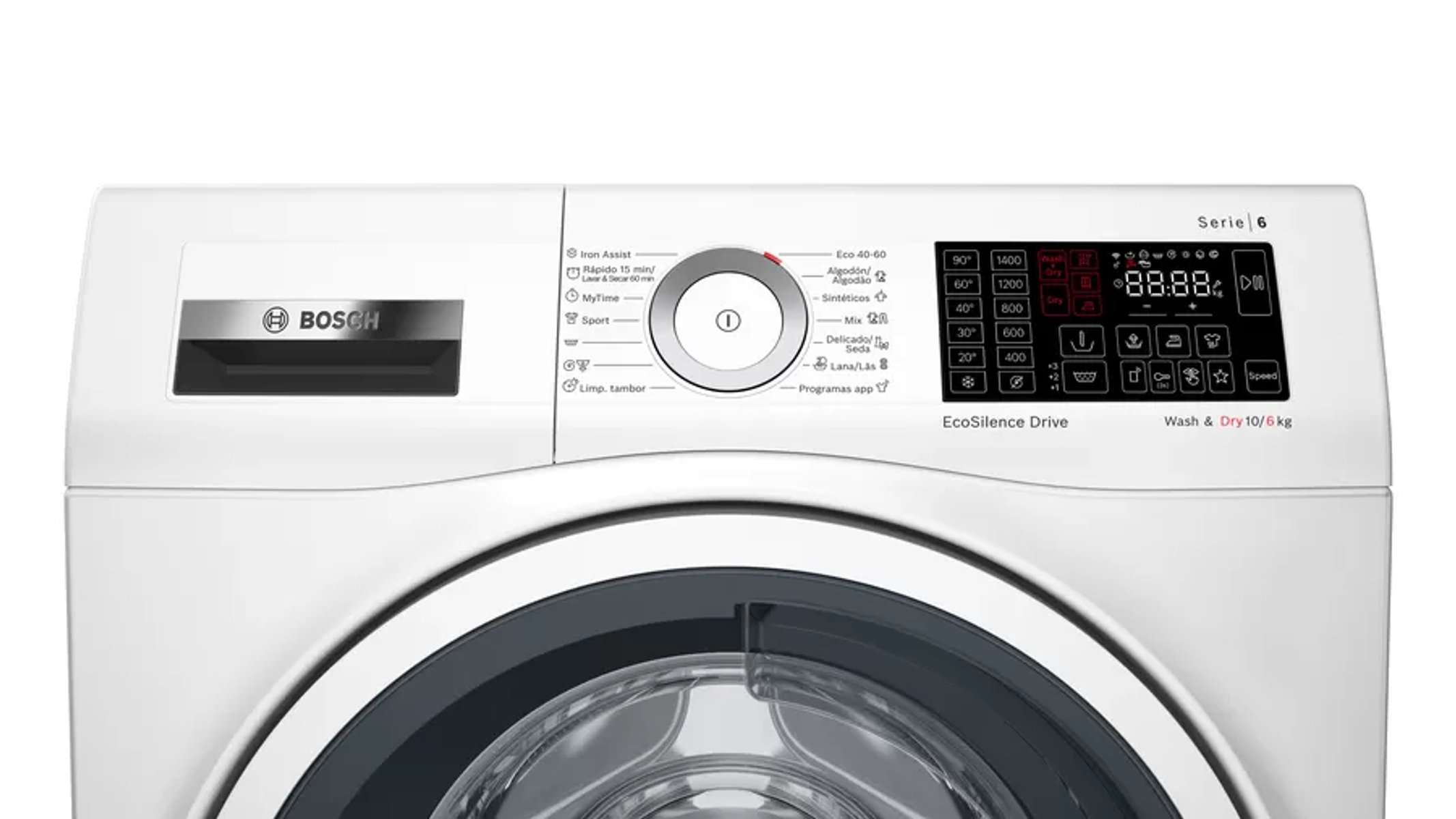Una lavadora blanca con puerta y panel de control negros. El logotipo de Bosch es visible.