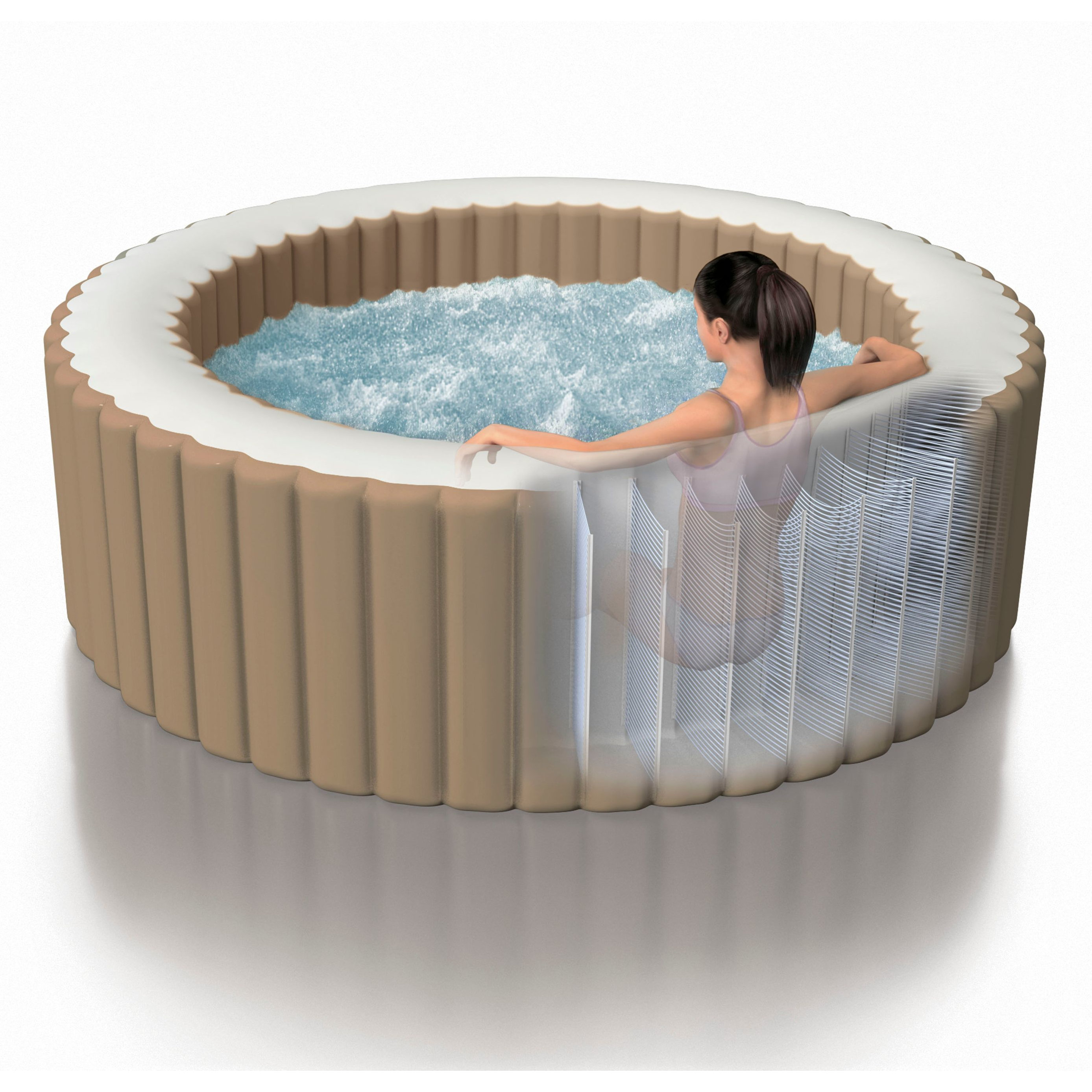 Eine Frau im Badeanzug sitzt in einem runden aufblasbaren Whirlpool mit Blasen. Weißes und braunes Äußeres.