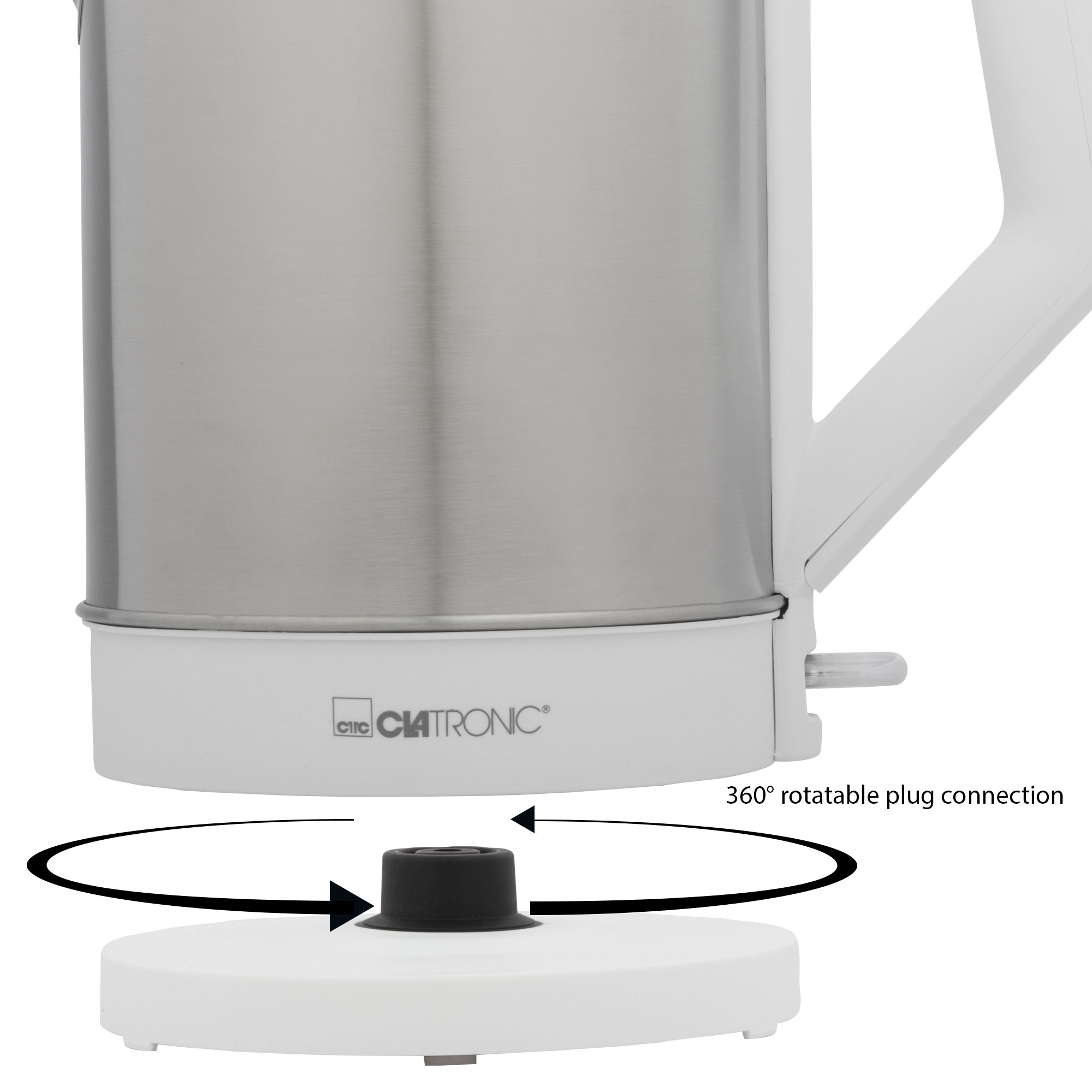 Zbliżenie na białą podstawę czajnika elektrycznego i czarną wtyczkę. Strzałki wskazują obrotowe połączenie 360°.