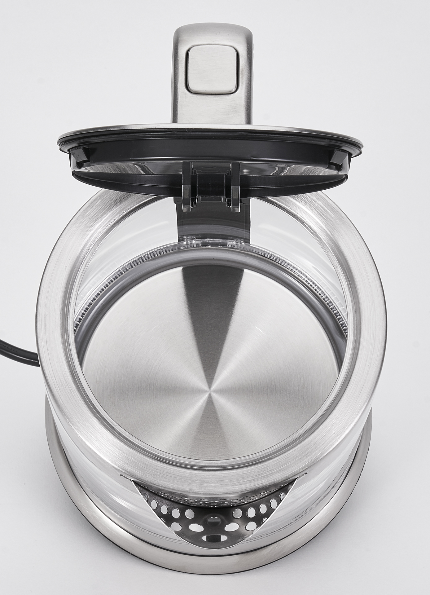 Szklany czajnik elektryczny z otwartą pokrywą, pokazujący wnętrze.