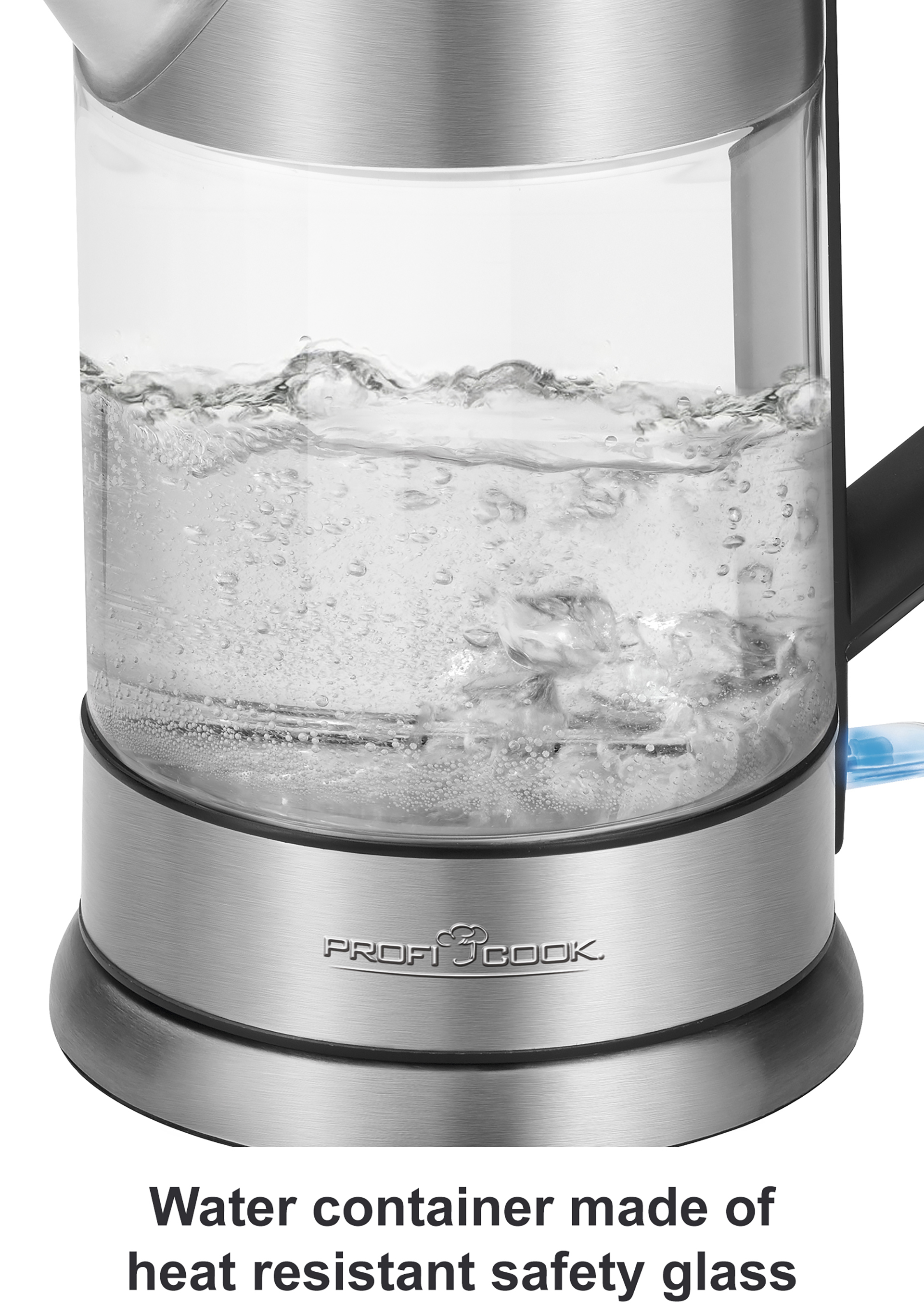 Czajnik elektryczny z wrzącą wodą w środku. Podstawa jest srebrna, a szkło przezroczyste.