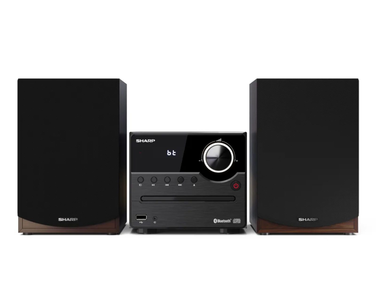 Sistema estéreo Sharp negro con altavoces, sobre fondo blanco.
