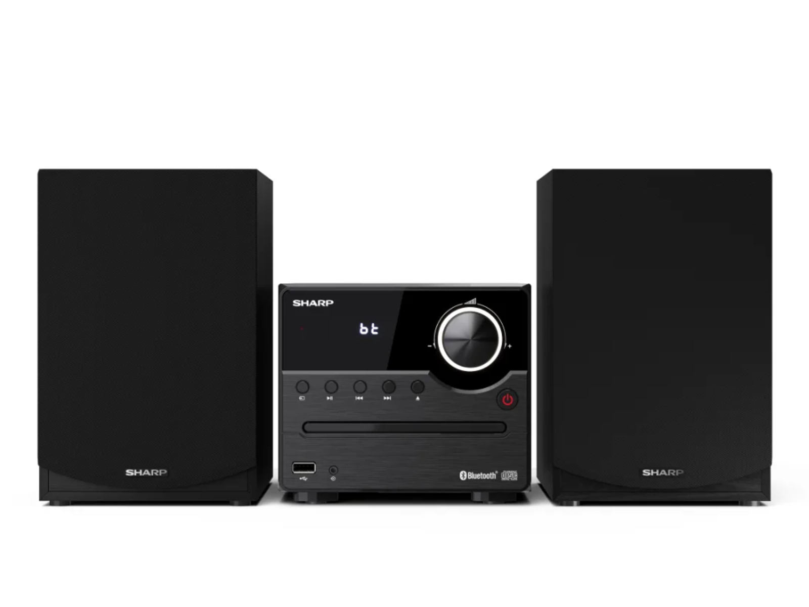 Un equipo estéreo negro con dos altavoces y una unidad central con el logotipo de Sharp.