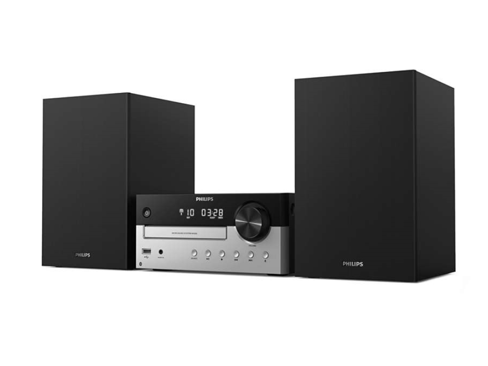 Czarny zestaw stereo z głośnikami. Panel centralny ma wyświetlacz, przyciski i pokrętło. Widoczne logo Philips.