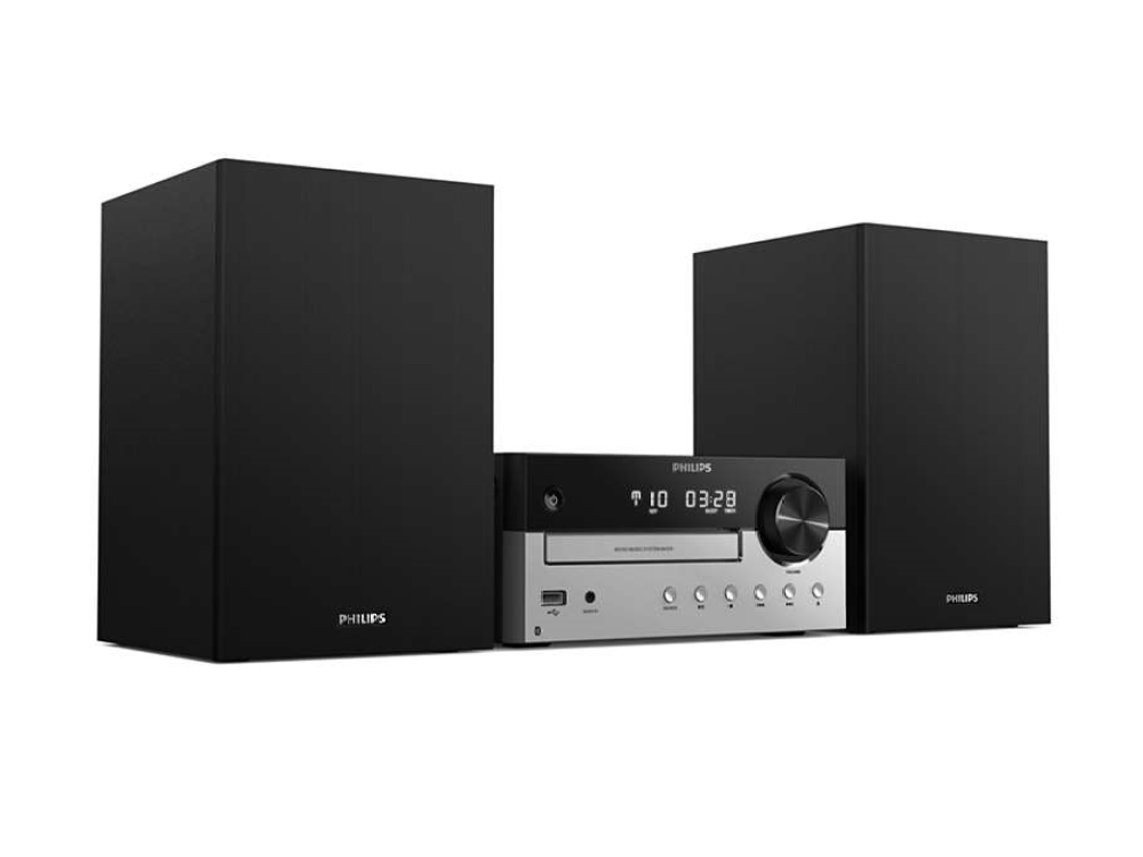 System stereo z dwoma czarnymi głośnikami i srebrno-czarną jednostką sterującą.