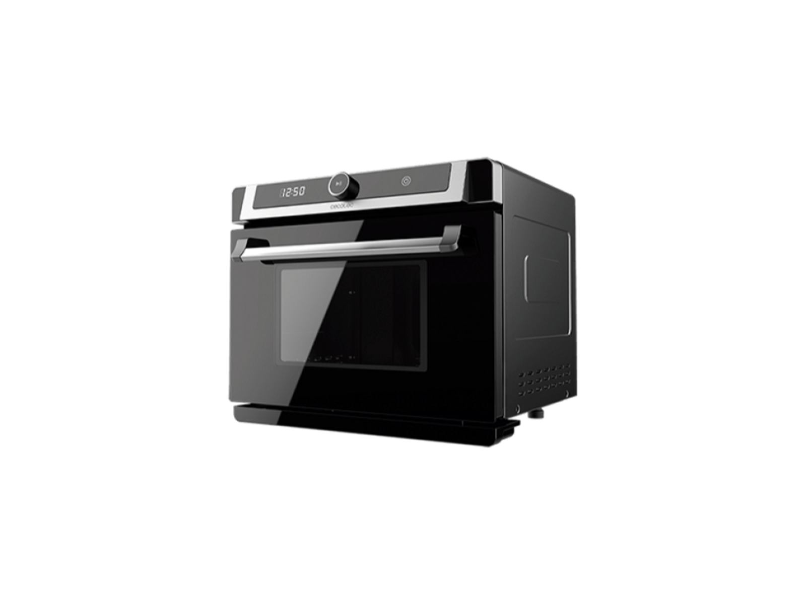 Un horno microondas negro empotrado con pantalla digital. Borde plateado y puerta de vidrio negro.