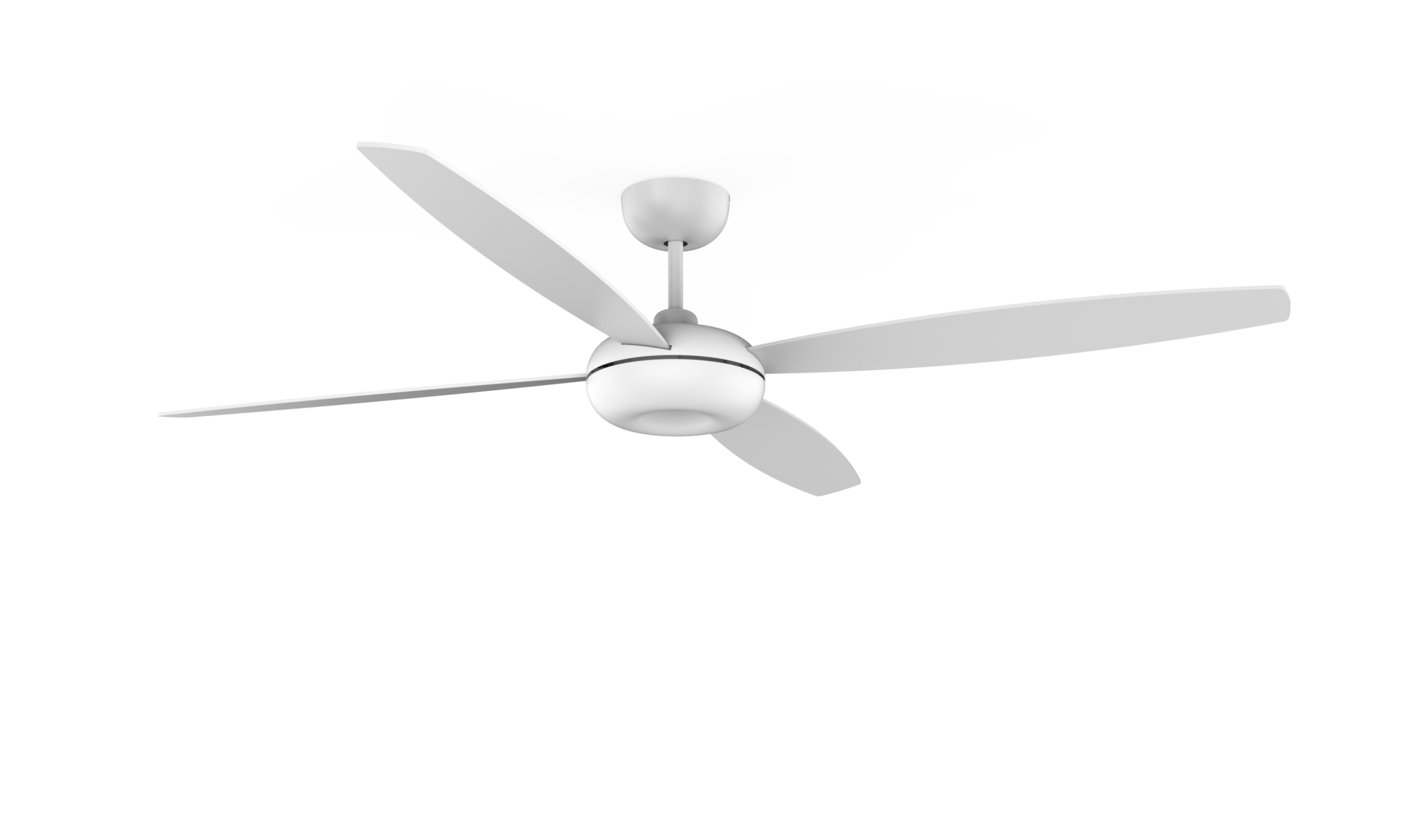 Weißer Deckenventilator mit fünf Flügeln vor weißem Hintergrund. Der Lüfter ist aus.