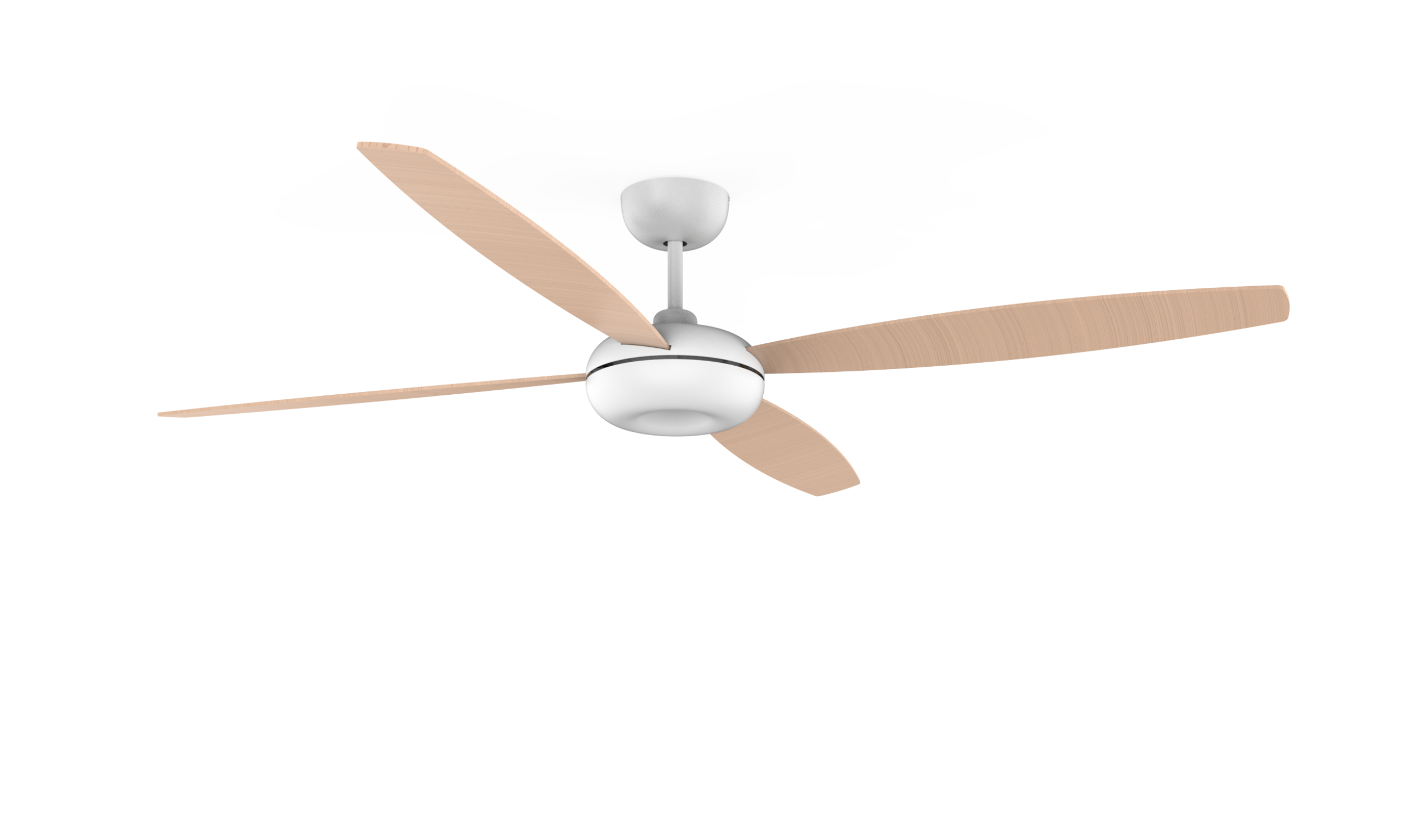 Weißer Deckenventilator mit fünf Holzblättern auf weißem Hintergrund.