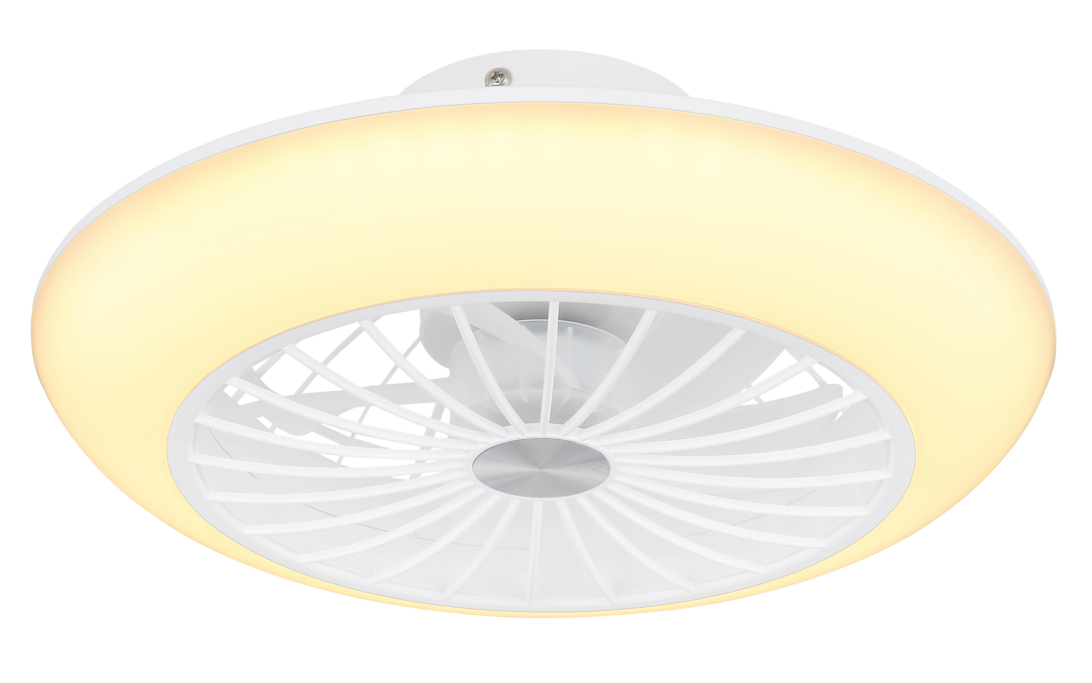 Weiße Deckenventilatorleuchte mit kreisförmigem Design und weißen Lüfterblättern, die warmes gelbes Licht aussendet.