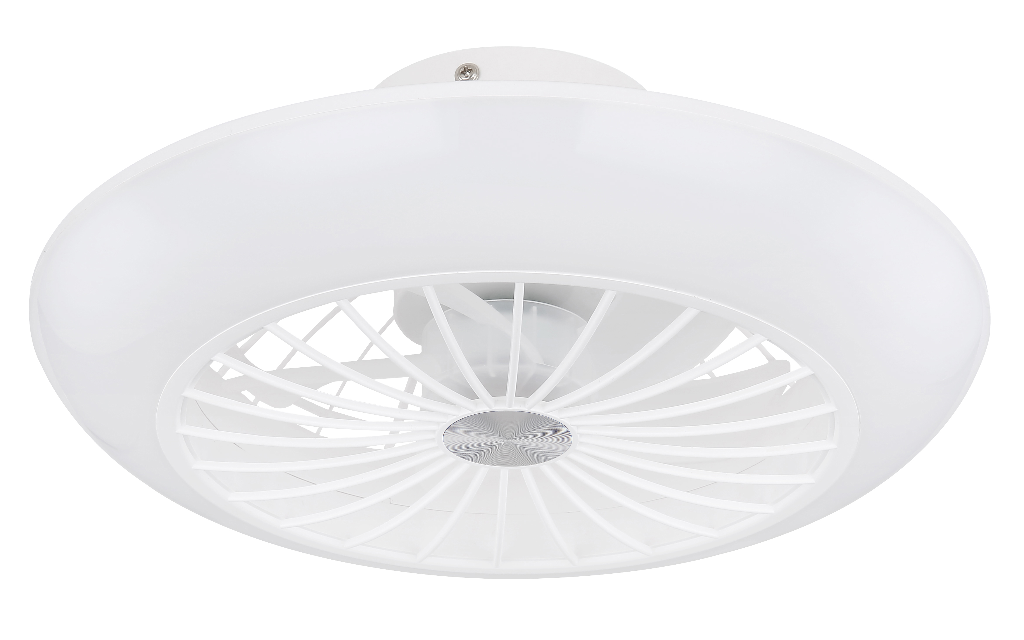 Weißer Deckenventilator mit Licht, kreisförmiges Design und ventilatorartiges Gitter.