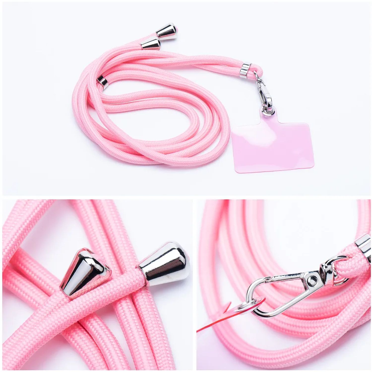Rosa Telefon-Lanyard mit silbernen Details, drei Detailaufnahmen. Weißer Hintergrund.