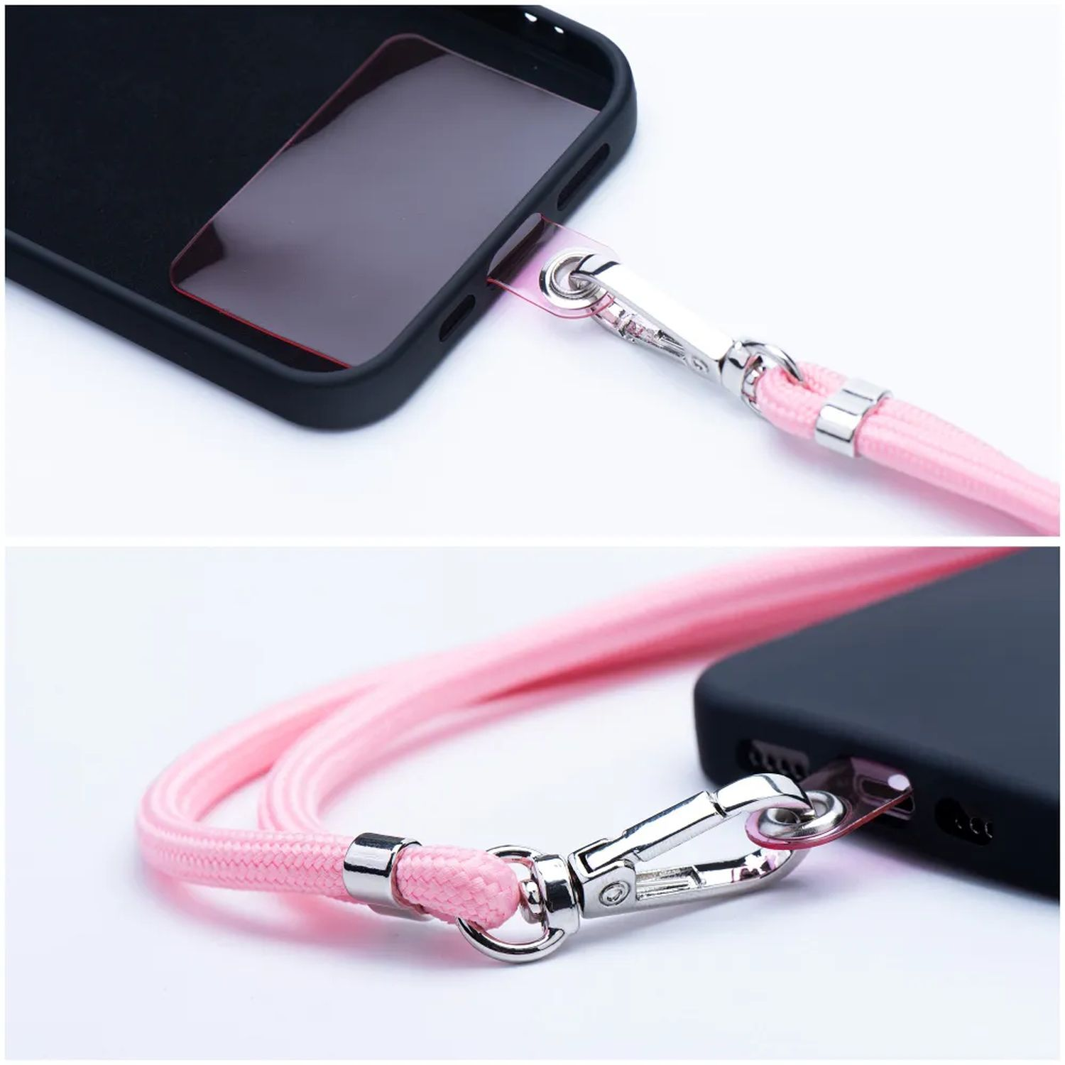 Zwei Bilder einer Handyhülle mit pinkfarbenem Lanyard. Die Hülle ist schwarz.