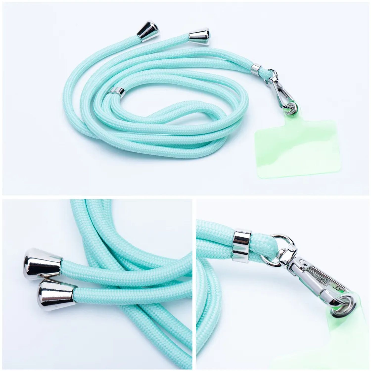 Nahaufnahme eines hellblauen Telefon-Lanyards mit silberfarbenen Metallakzenten, weißer Hintergrund.
