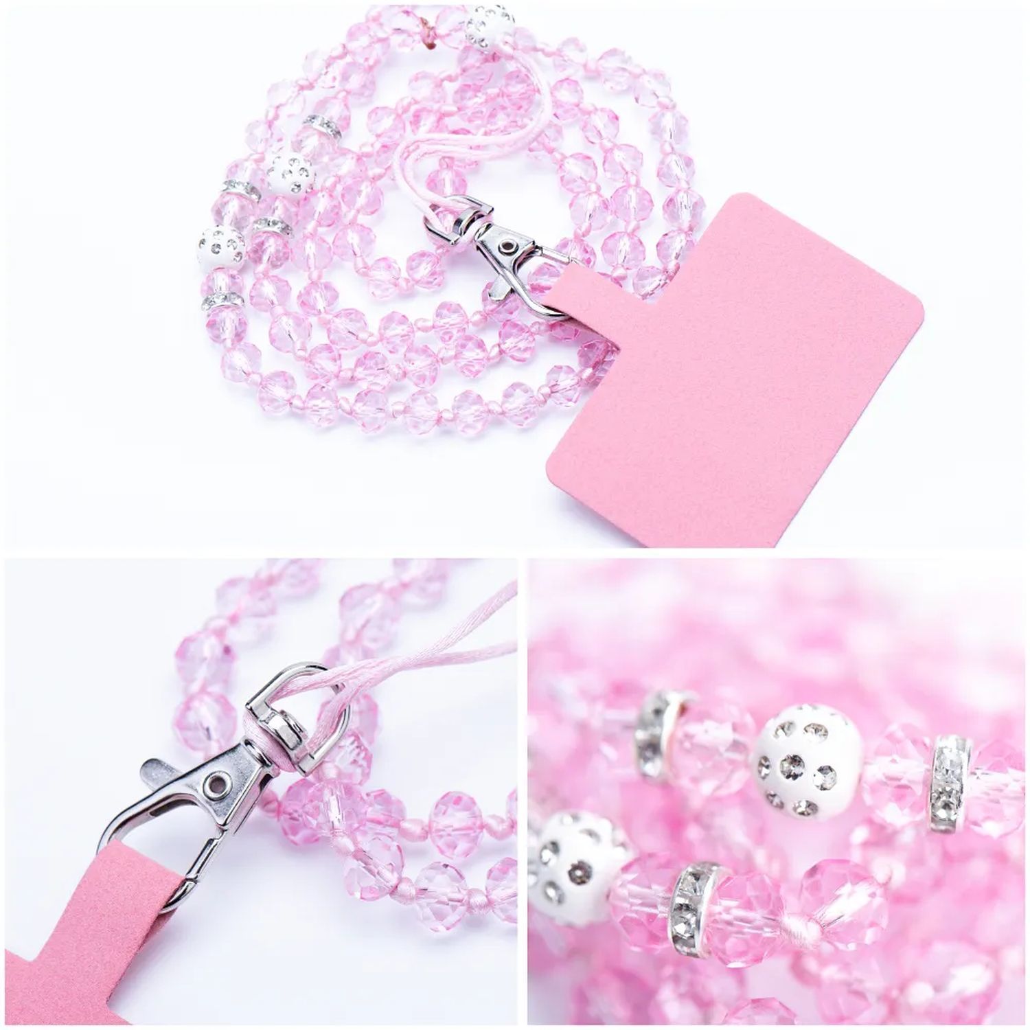 Rosafarbene, mit Perlen besetzte Telefon-Lanyard mit rosa Anhänger, Nahaufnahmen der Perlen und des Verschlusses.