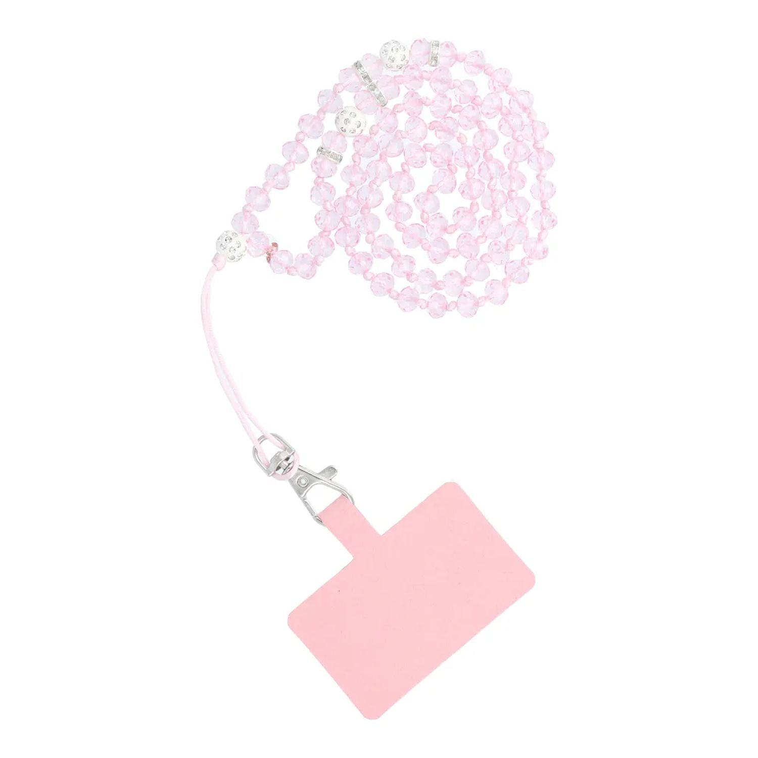 Ein pinkfarbener, mit Perlen besetzter Telefonriemen mit pinkfarbenem Telefonhalter und silbernem Verschluss.