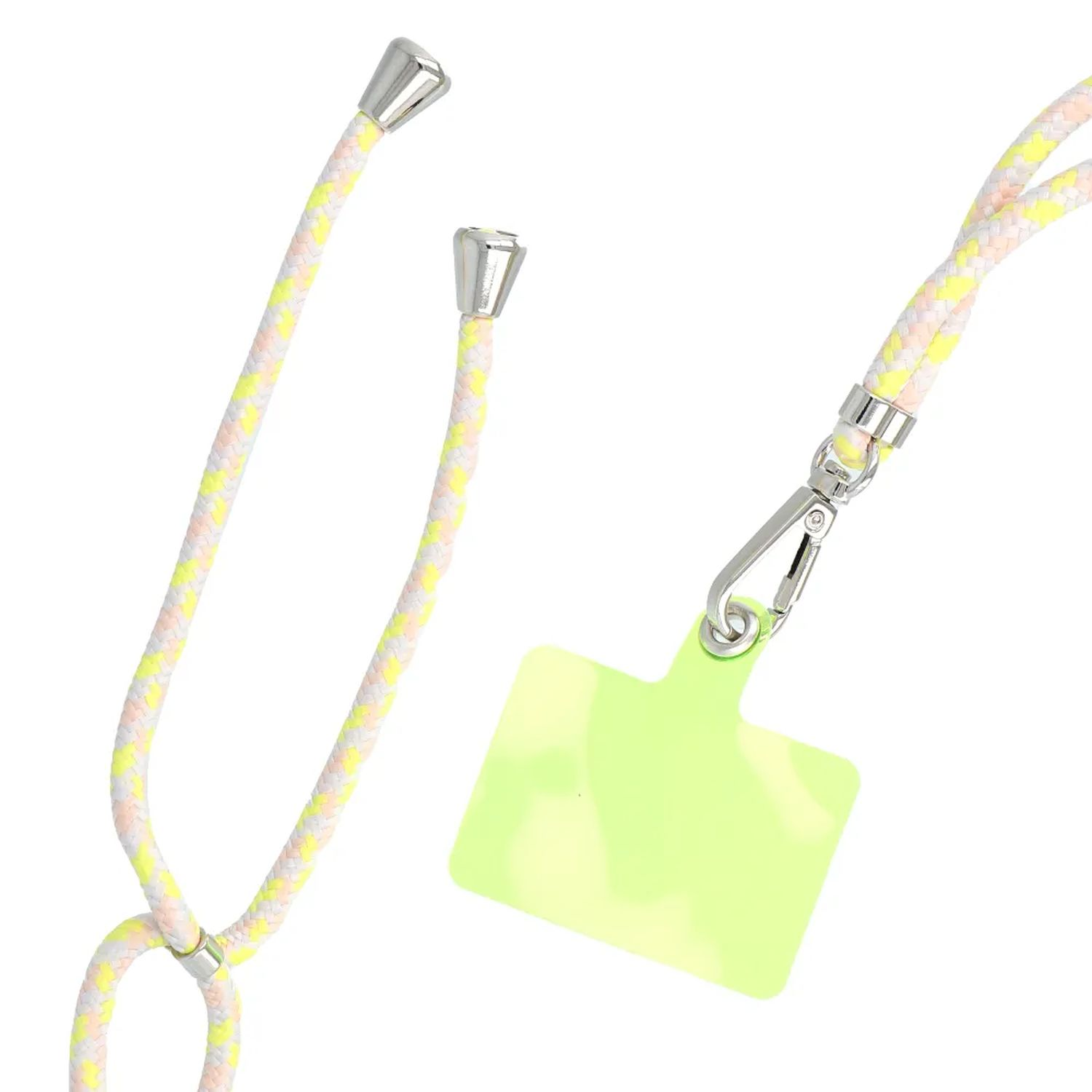 Handy-Umhängeband mit neongrünem Handyhalter, silbernem Verschluss und weißem und gelbem Seil.