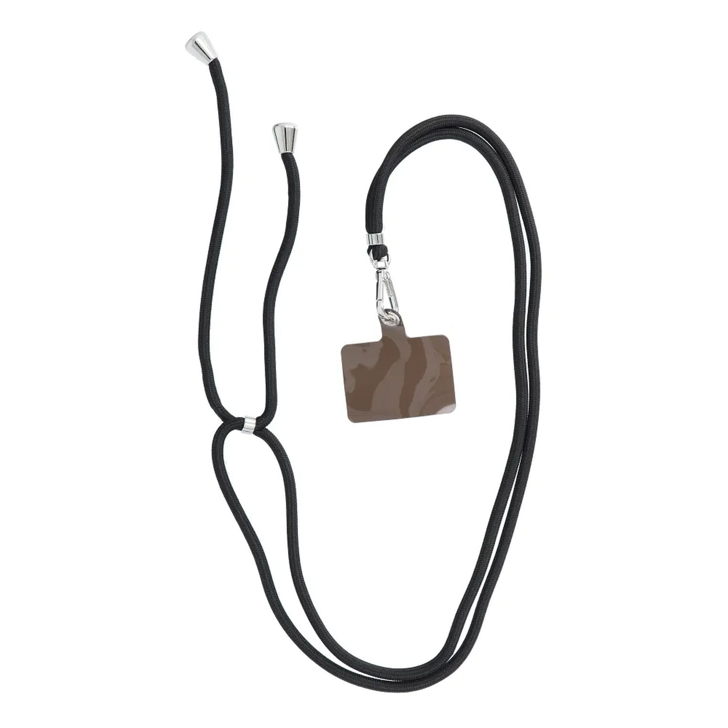 Schwarzes Telefon-Lanyard mit braunem, rechteckigem Telefonhalter und silbernen Akzenten.