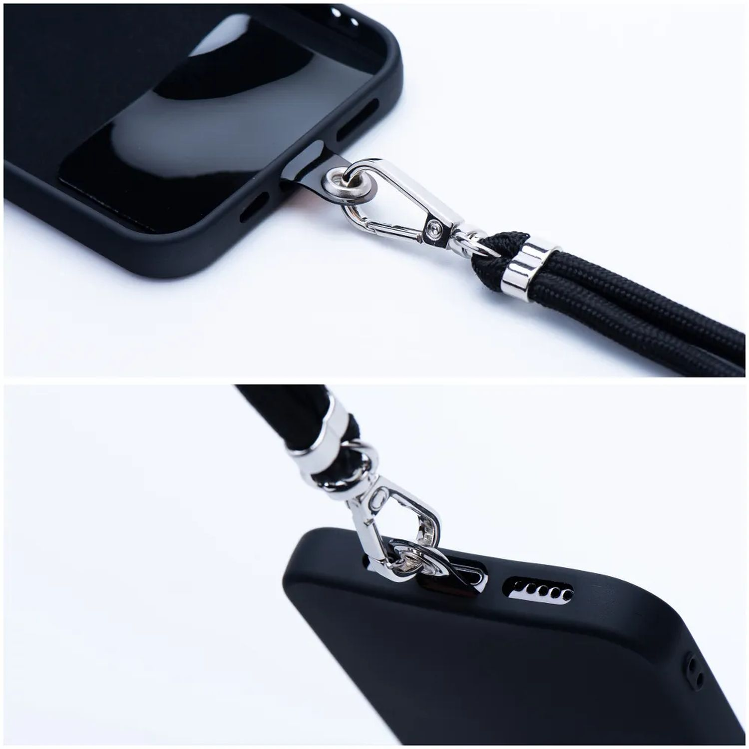 Nahaufnahme eines schwarzen Telefons mit angebrachtem Riemen. Silberne Clips an Telefon und Riemen.