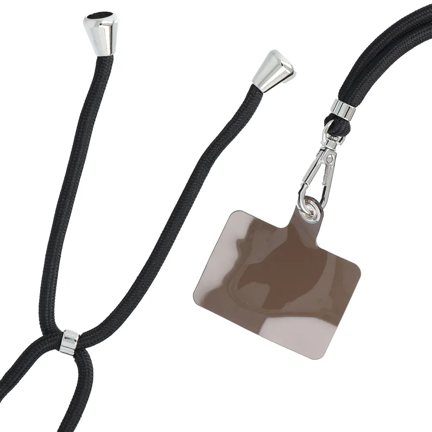 Ein schwarzes Telefon-Umhängeband mit silbernen Akzenten und einem Telefonhalter.