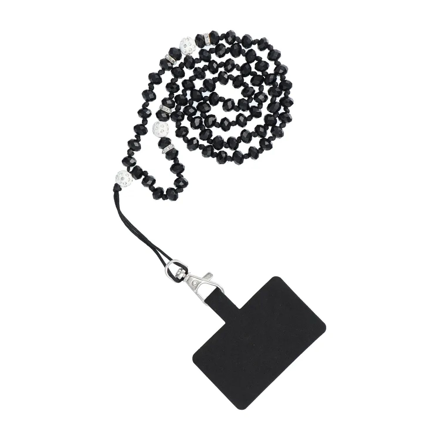 Schwarze, perlenbesetzte Handyschlaufe mit silbernen Akzenten und Handyhalterung.