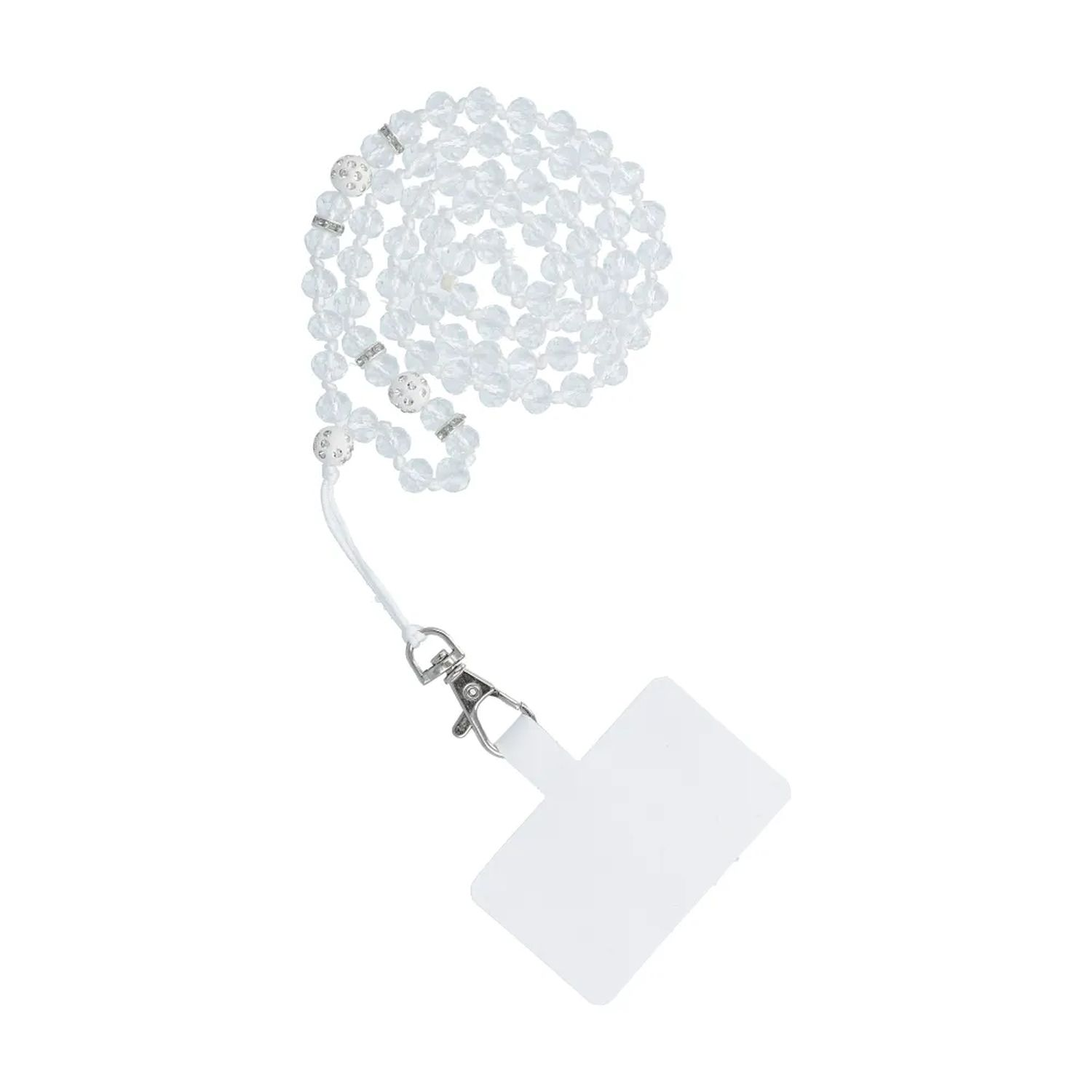 Eine durchsichtige Perlenkette mit weißem Handyhalter und Metallverschluss.