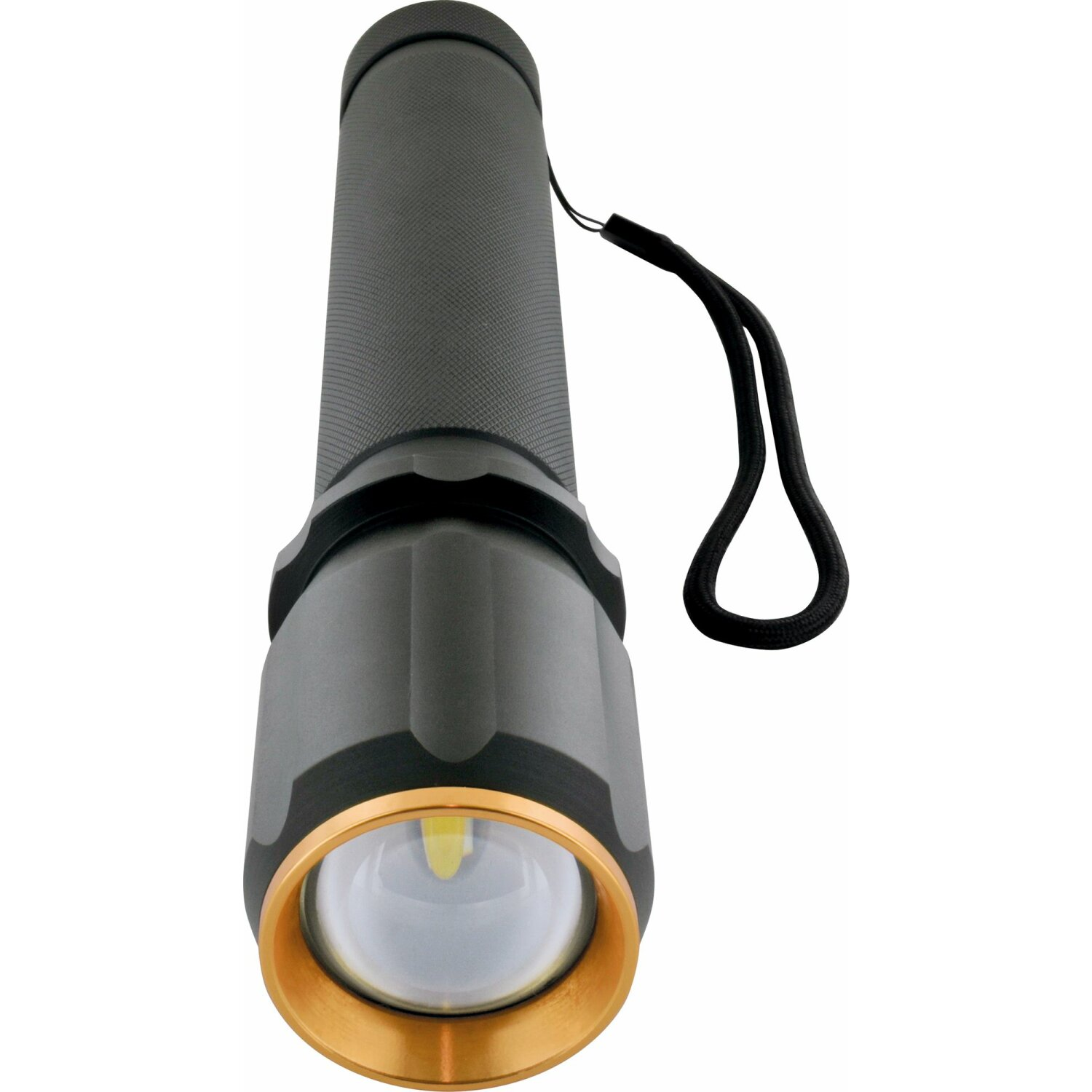Zwarte zaklamp met gouden rand en een zwart bandje. Witte achtergrond.
