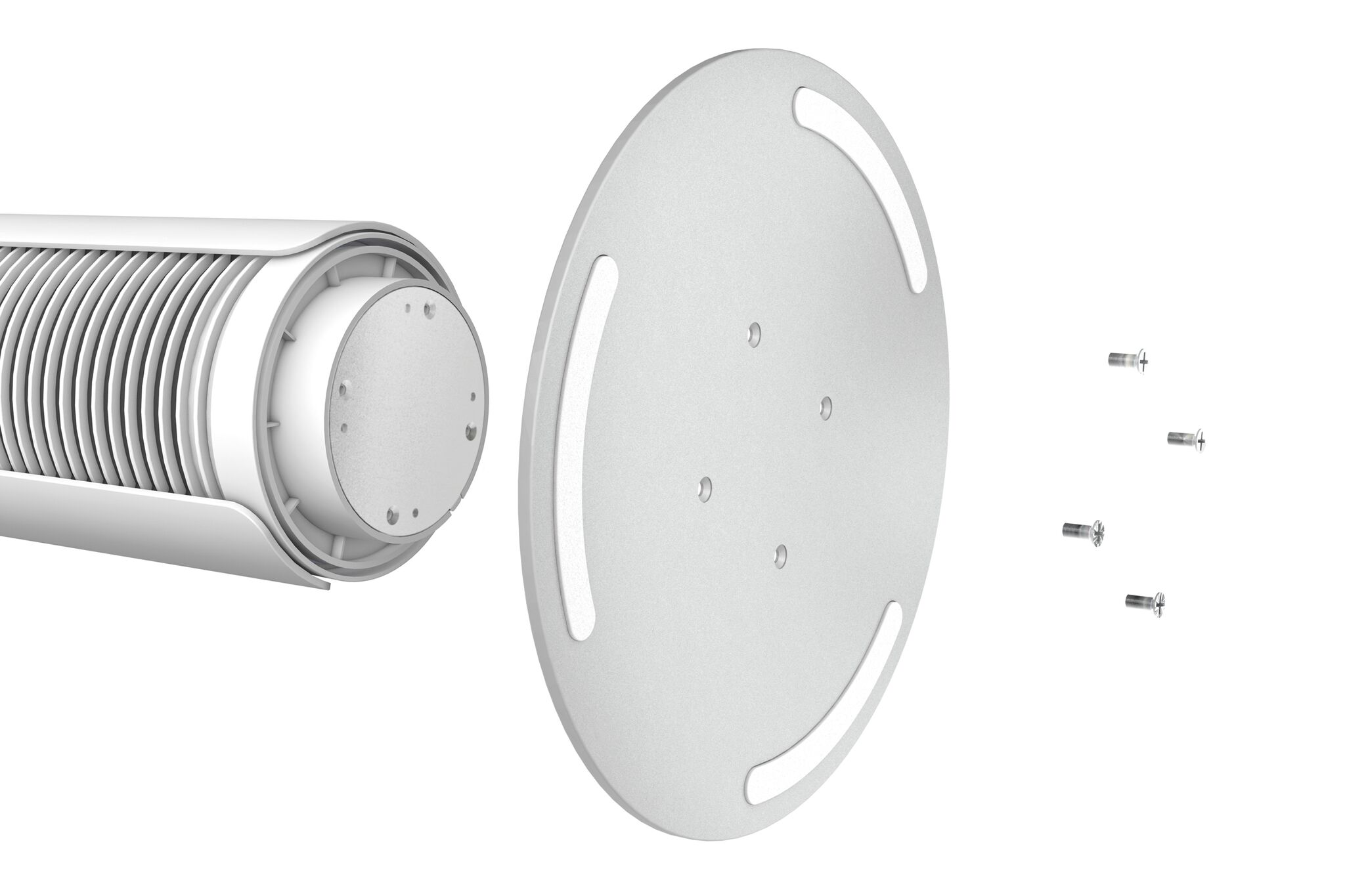 Vue éclatée d'une base de ventilateur blanche, d'une base circulaire et de vis, sur fond blanc.