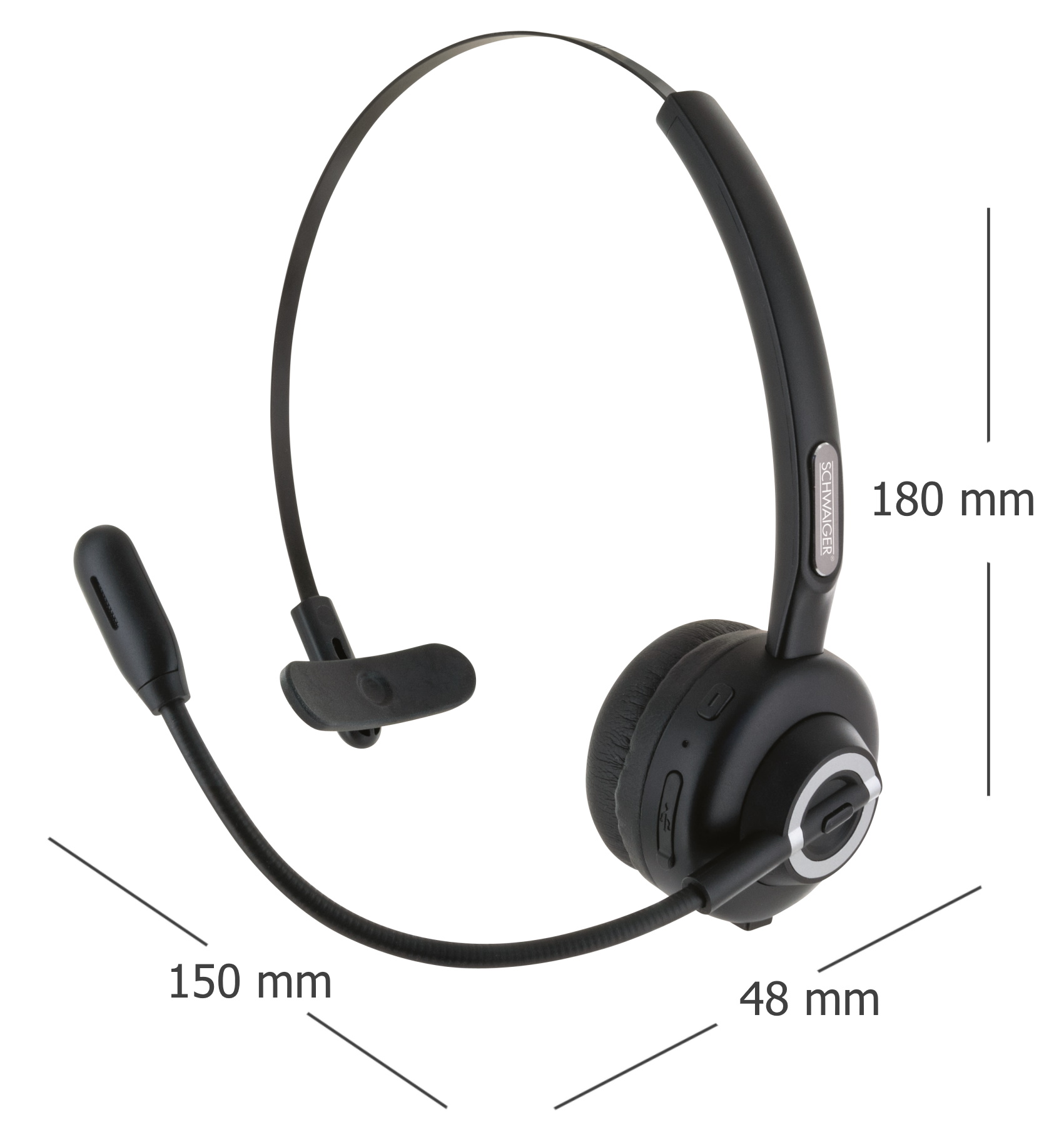 Schwarzes Bluetooth-Headset mit angegebenen Abmessungen. Enthält ein Mikrofon und einen Ohrhörer mit Kopfbügel.