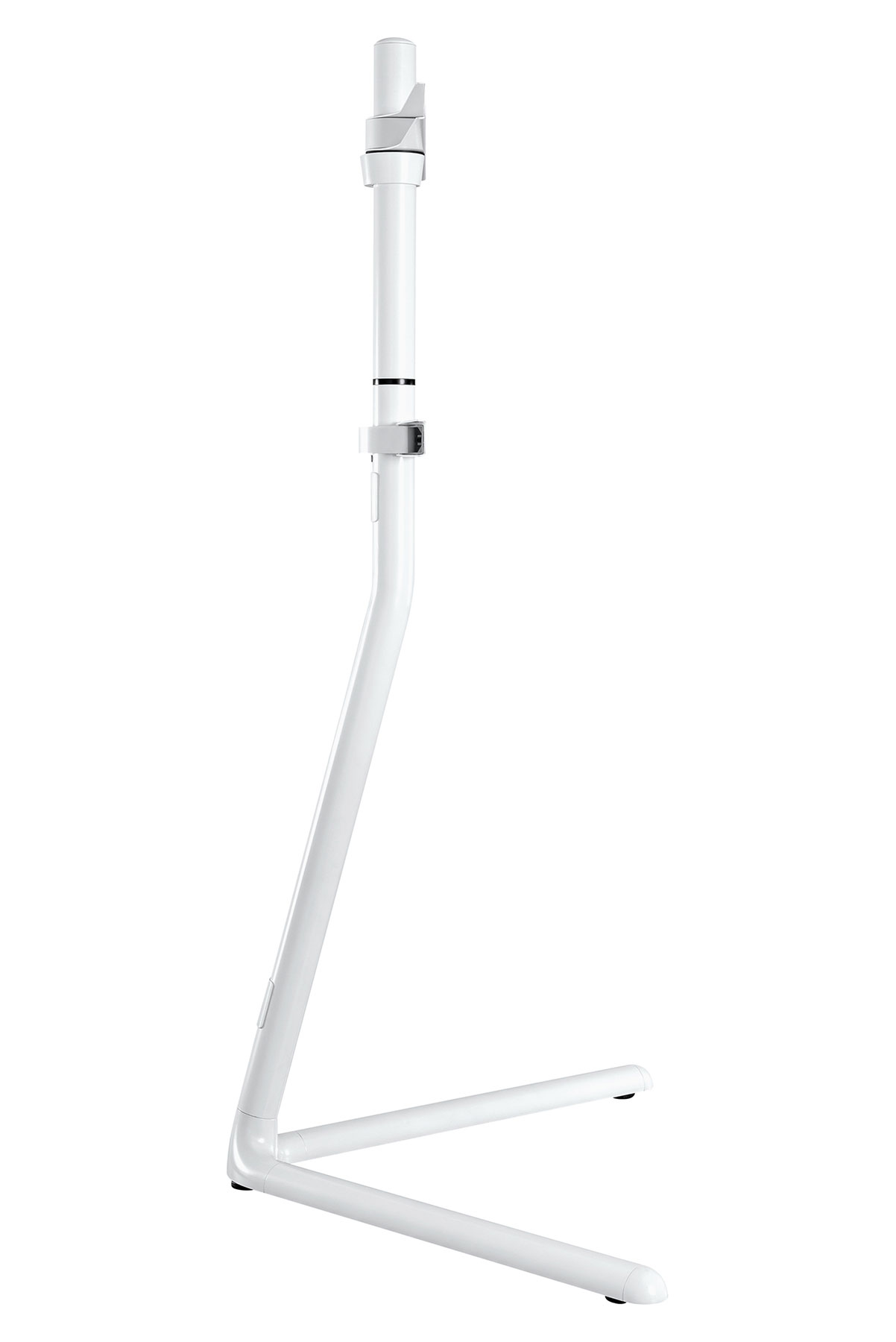 Ein weißer Ständer für ein Tablet oder einen Monitor. Er hat einen gebogenen Fuß und Arm.