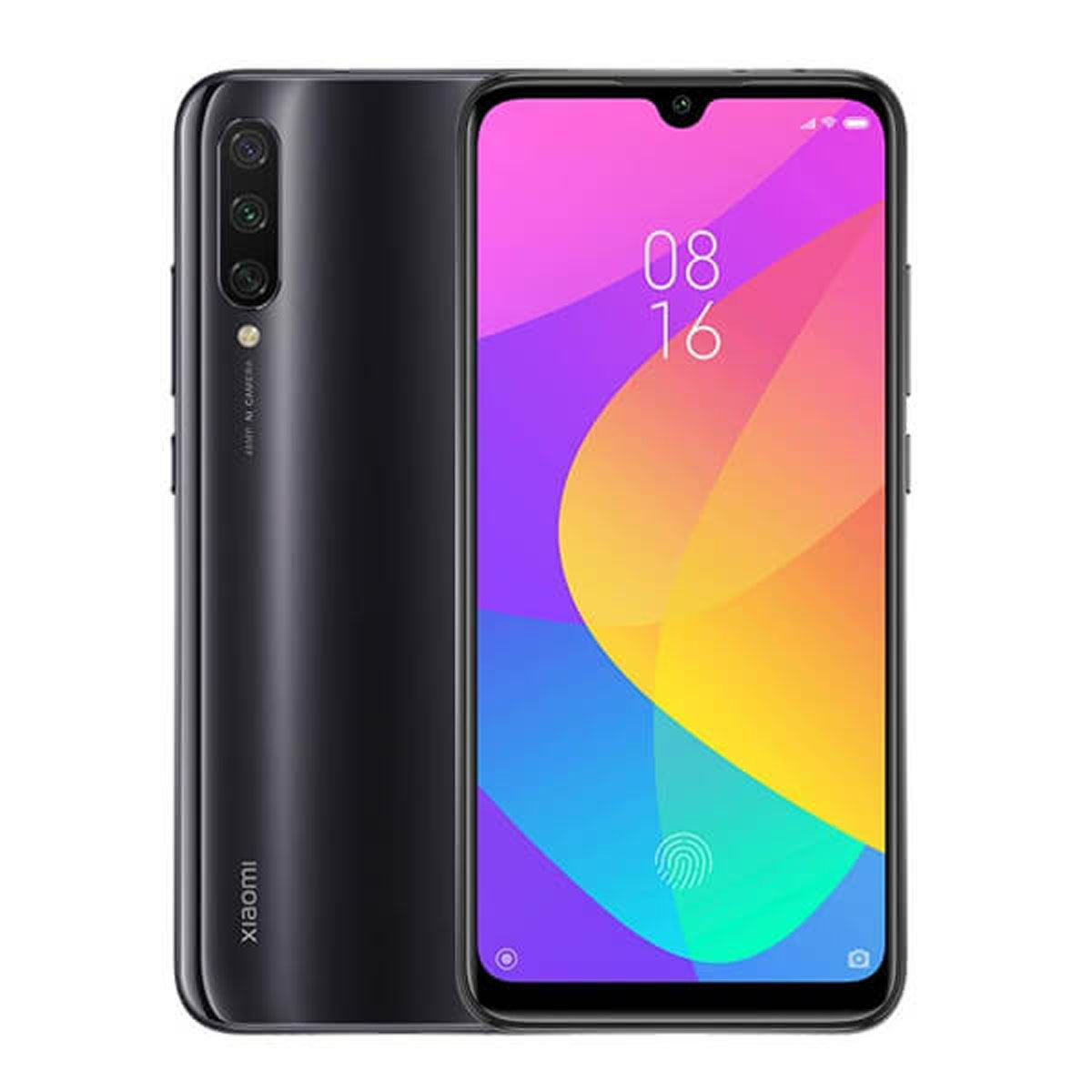 Schwarzes Smartphone, Rück- und Vorderansicht. Zeigt Zeit und UI.