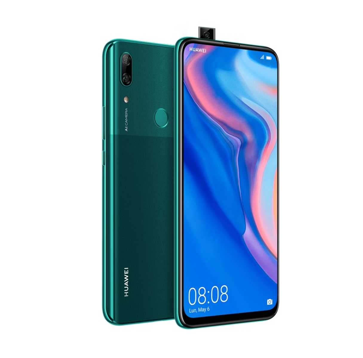 Grünes Smartphone, Vorder- und Rückseite. Weißer Hintergrund.