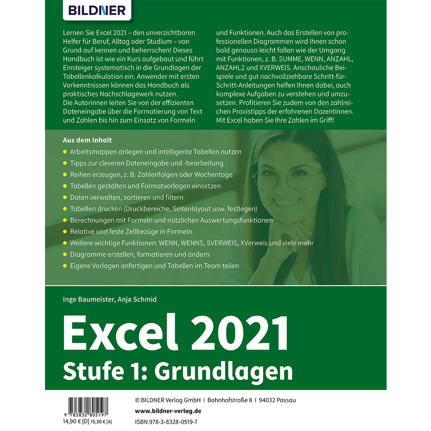 Buchcover: Excel 2021, Stufe 1, mit grünem und weißem Hintergrund und dem Titel in Rot.