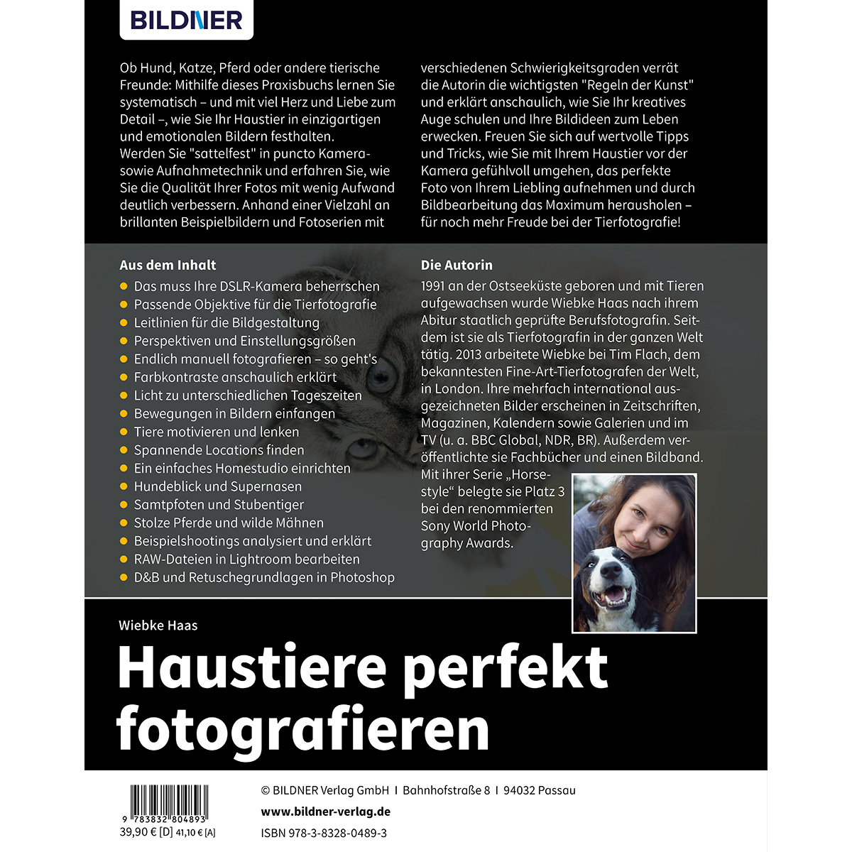 Buchcover mit deutschem Text über das Fotografieren von Haustieren. Ein Foto eines Hundes ist ebenfalls vorhanden.