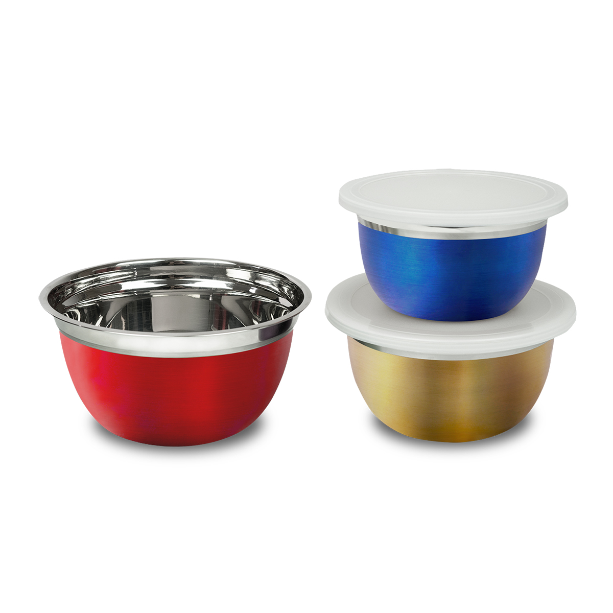 Tres cuencos: rojo, azul y dorado, con tapas blancas. Cuencos dispuestos sobre una superficie blanca.