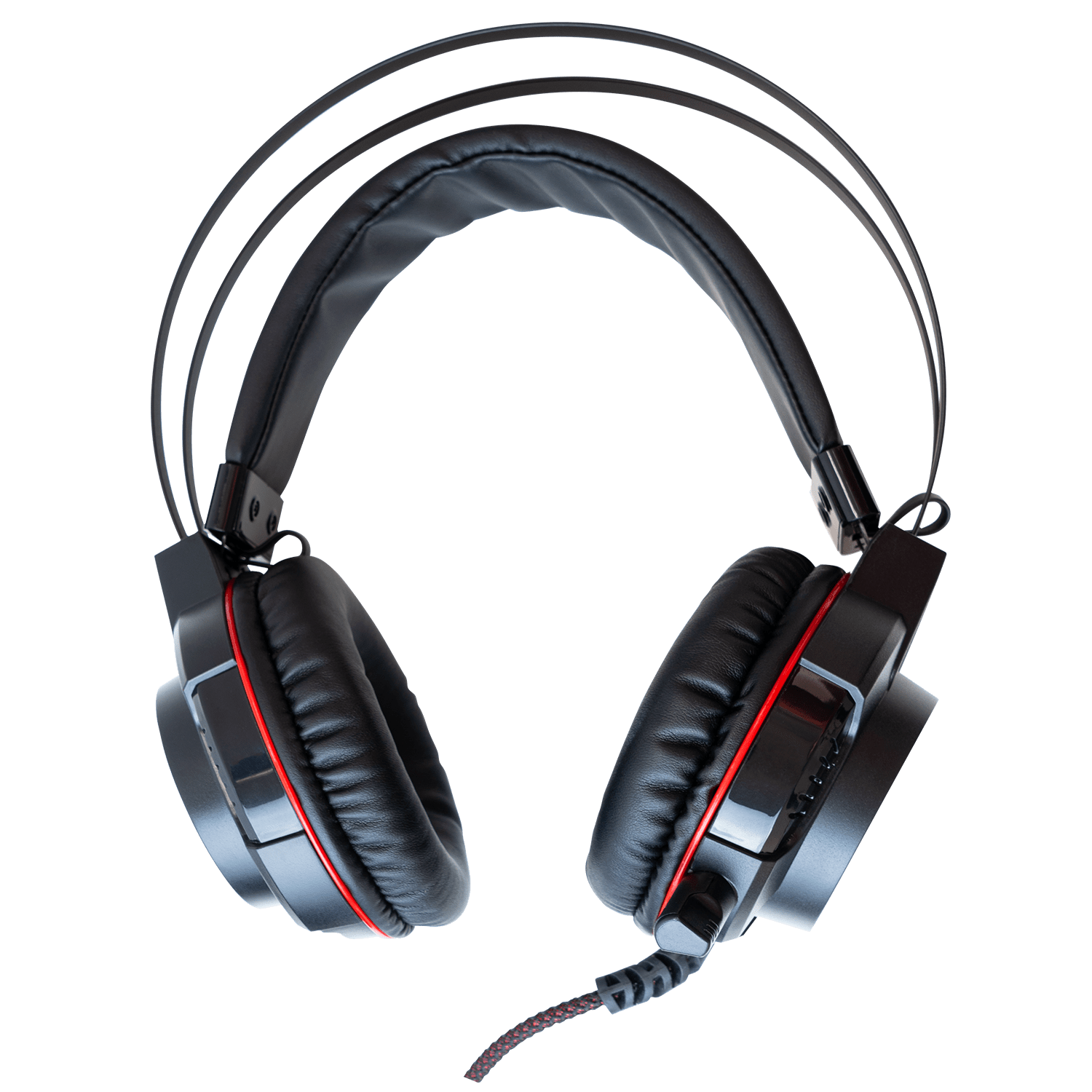 Auriculares negros con detalles rojos sobre fondo blanco.